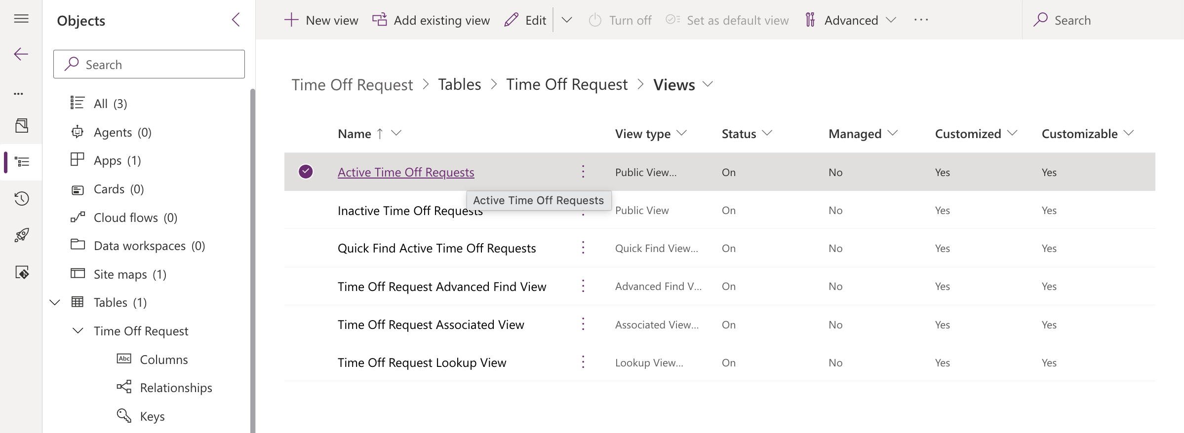 The views list showed all default views for the table — I opened "Active Time Off Requests" first.