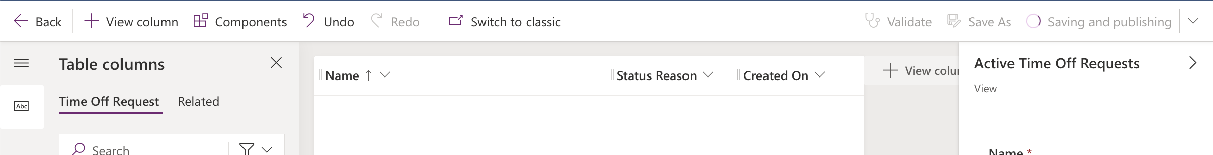 The view editor saved and published the Active view with Status Reason added as a column.