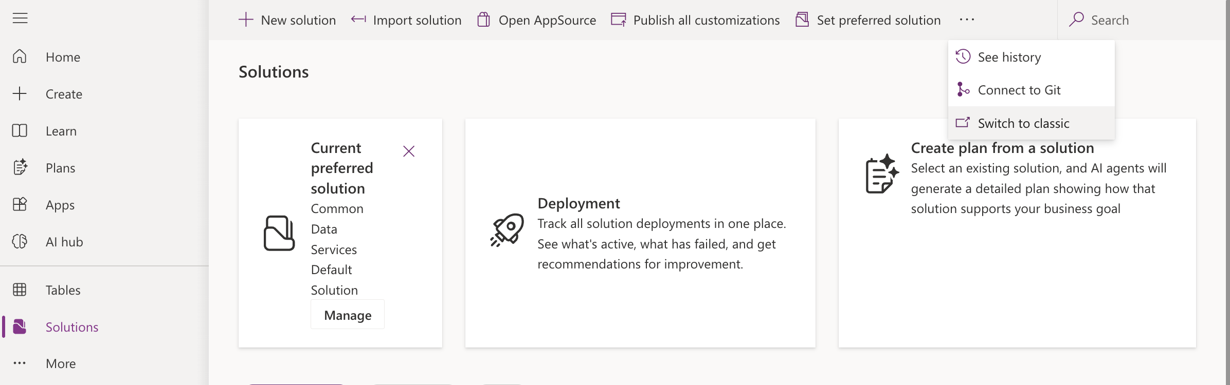 I clicked the "..." menu on the Solutions page and selected "Switch to classic" to open the legacy Solution Explorer.