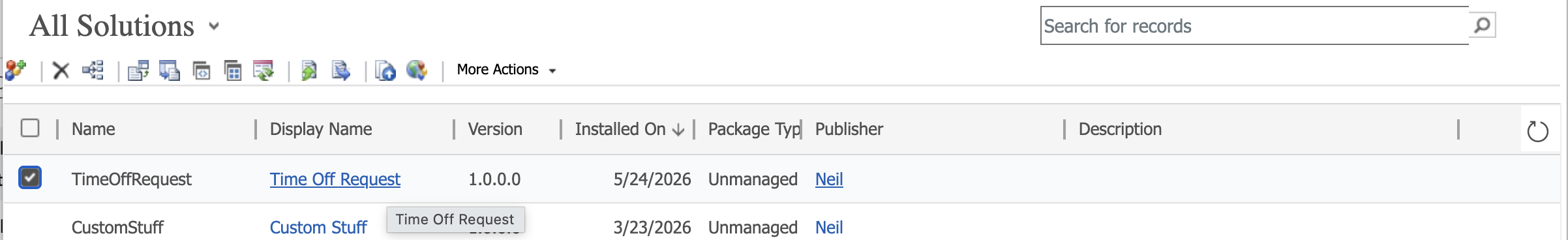 The classic Solution Explorer listed all solutions — I selected the Time Off Request solution.