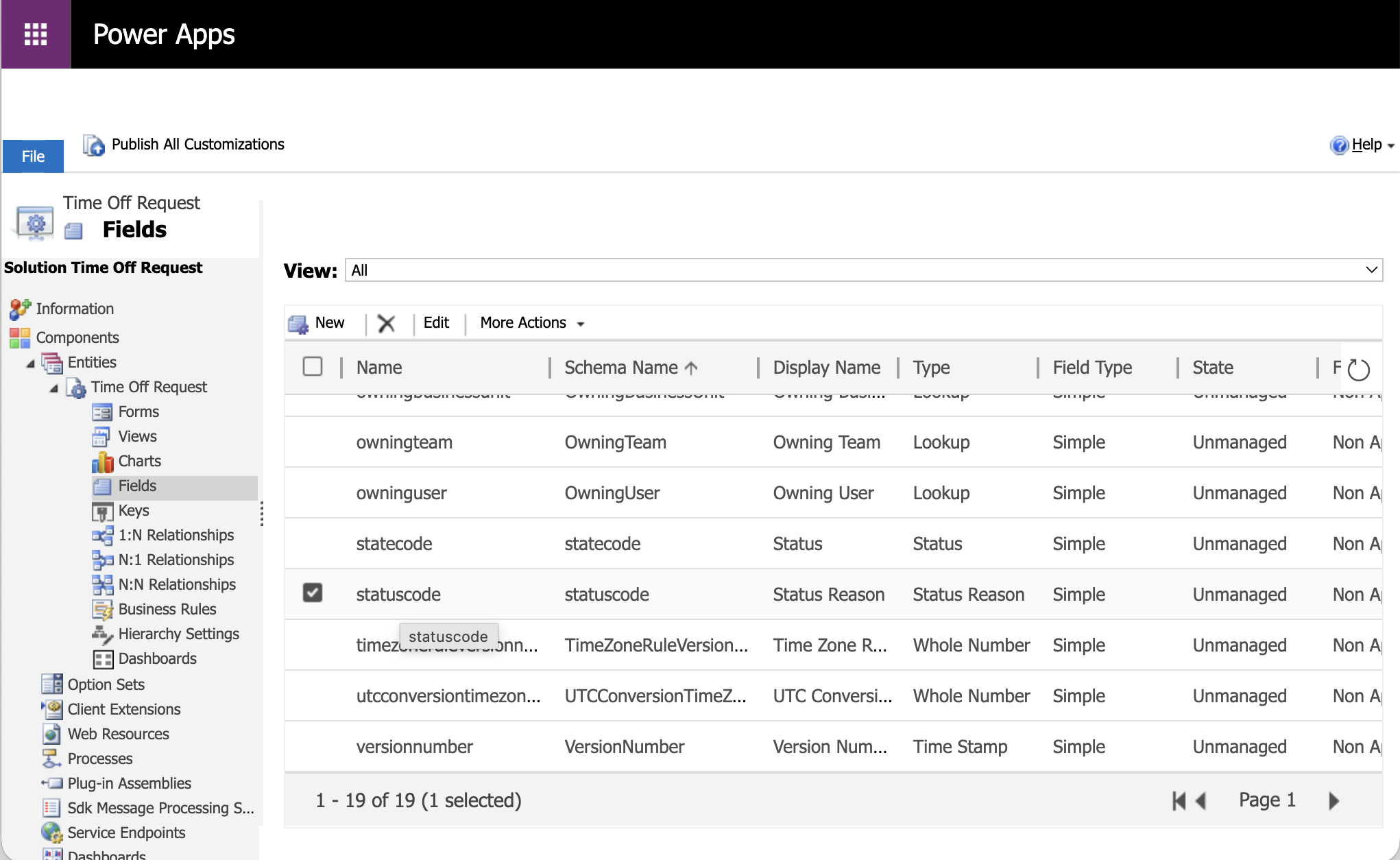 The Fields list showed statuscode (Status Reason) selected — I clicked to open it.