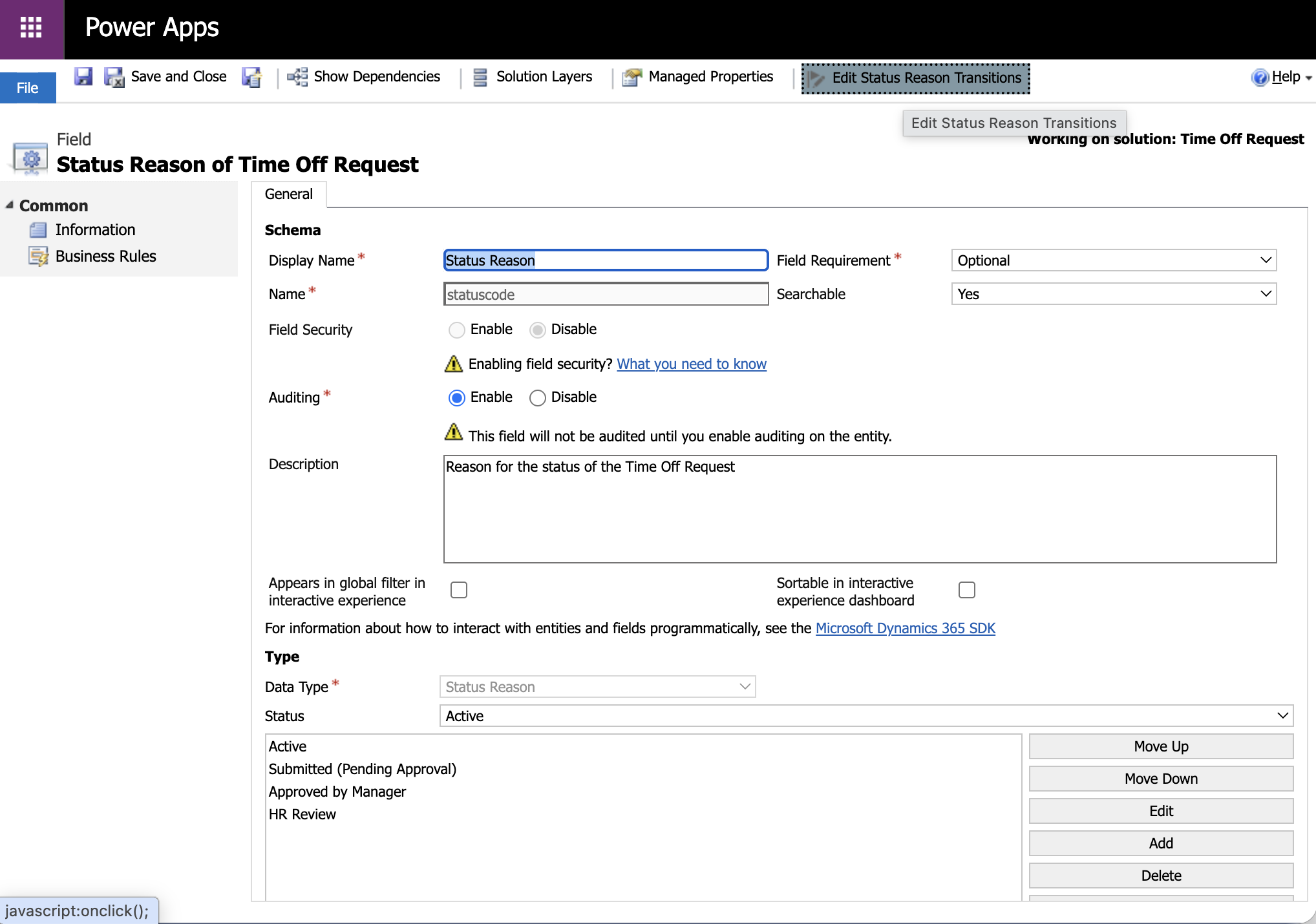 The Status Reason field editor in the classic Solution Explorer. The "Edit Status Reason Transitions" button appeared in the ribbon at the top.