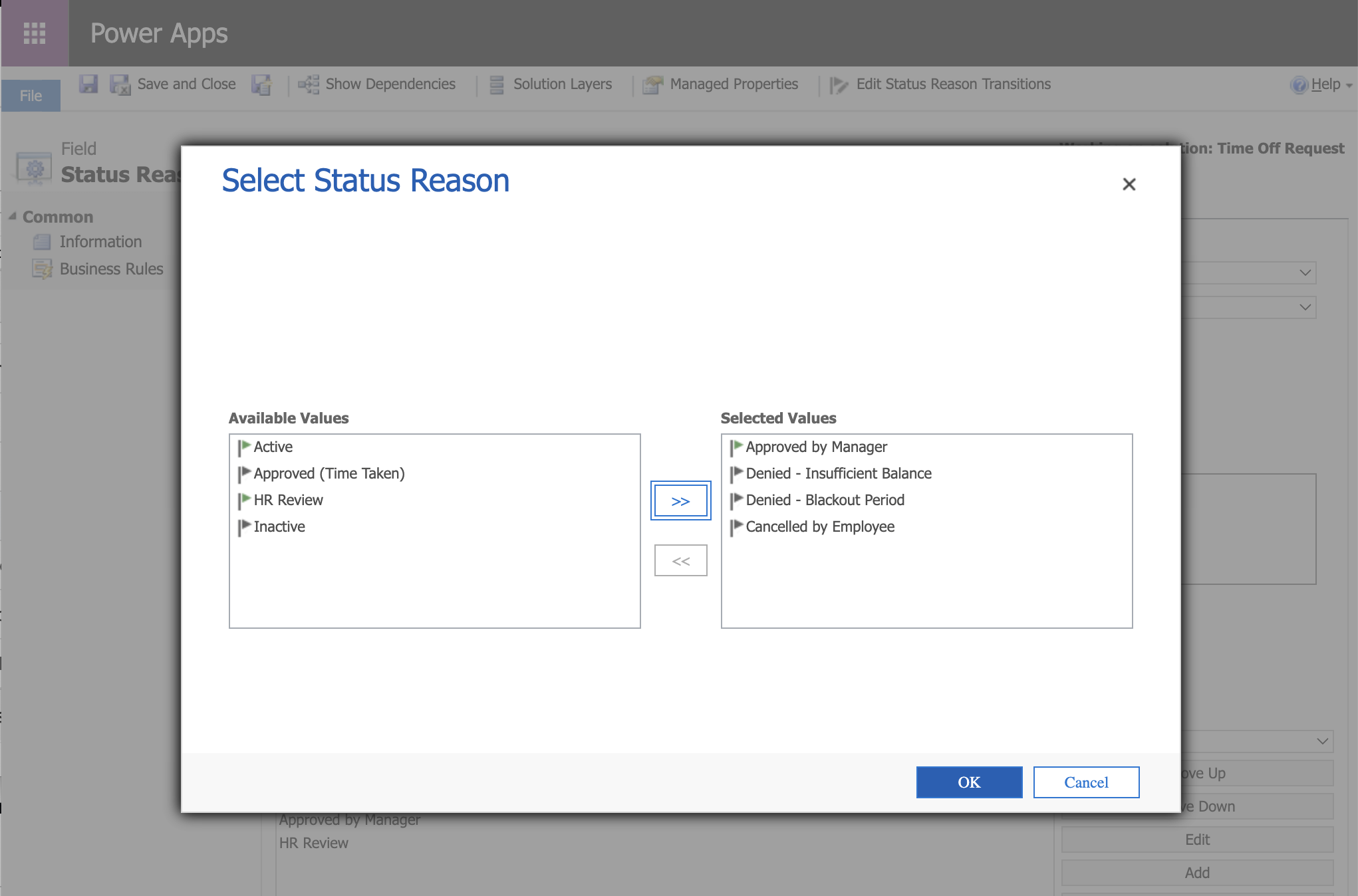 The Select Status Reason picker for "Submitted (Pending Approval)" — I moved Approved by Manager, Denied - Insufficient Balance, Denied - Blackout Period, and Cancelled by Employee to the Selected Values list.