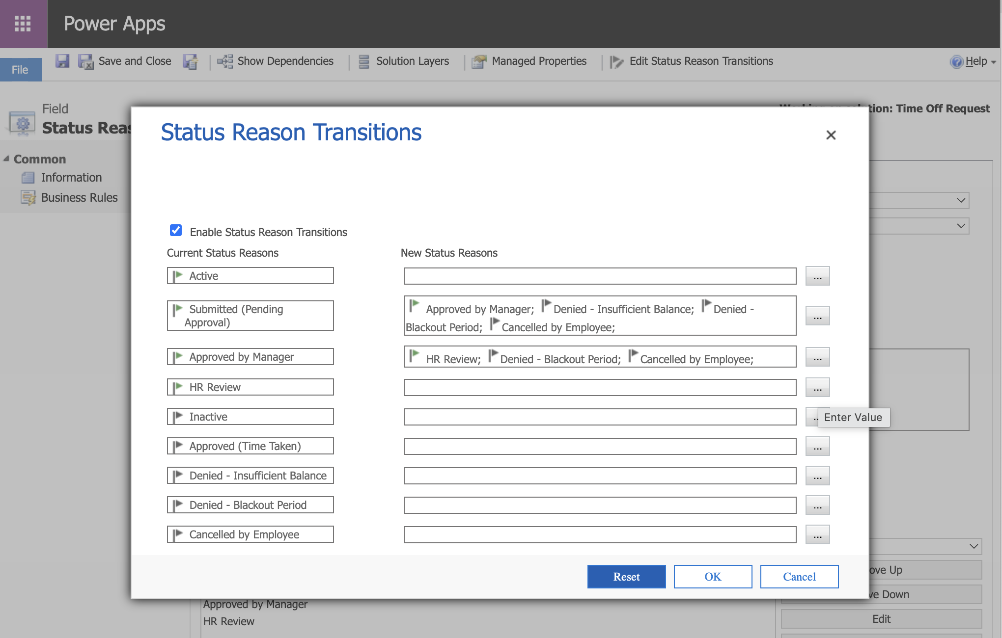 The Transitions dialog after configuring the first two rows — Submitted (Pending Approval) and Approved by Manager each showed their allowed next options.