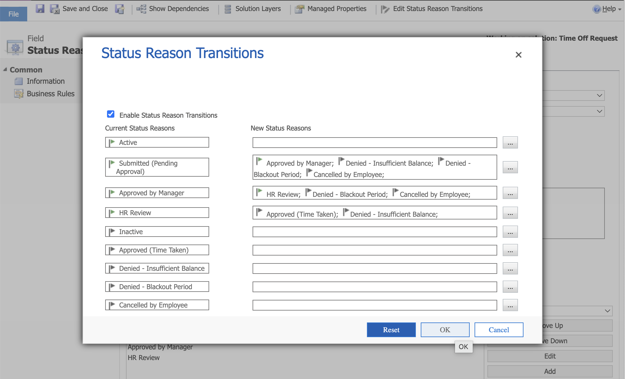 The Transitions dialog with all three active-state rows configured. The Inactive reasons were left with no transitions — once inactive, the record stays inactive.