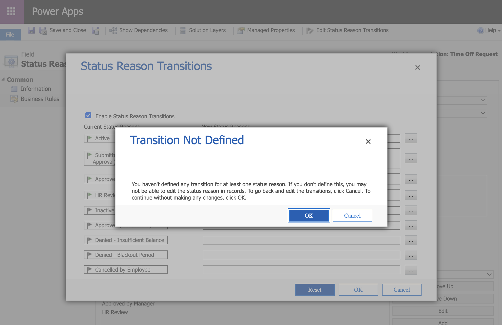 Clicking OK produced a "Transition Not Defined" warning because the terminal Inactive states had no outgoing transitions. I clicked OK to continue — dead-end states are intentional.
