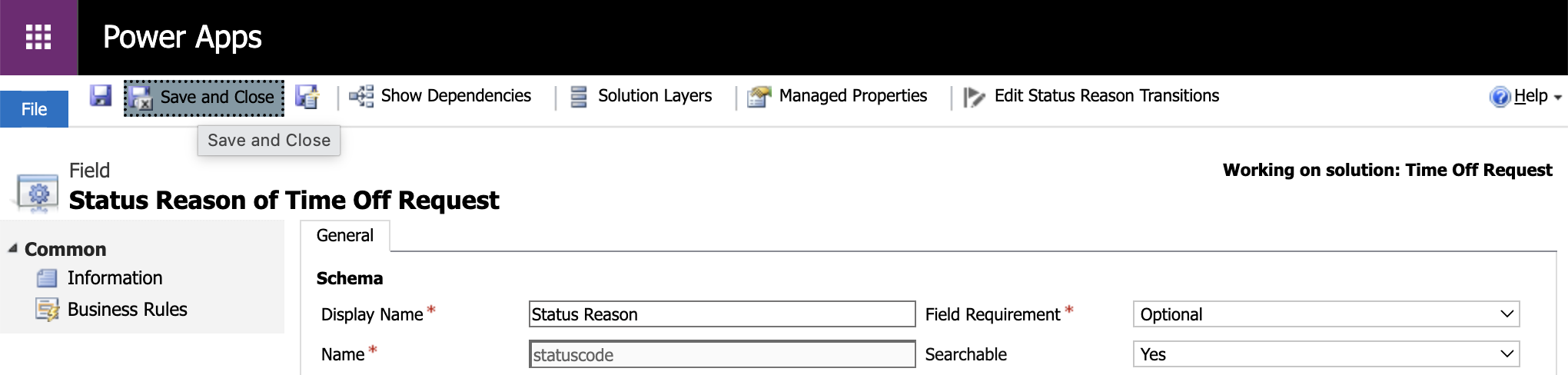 Back in the Status Reason field editor I clicked "Save and Close" to save the field with its transition configuration.