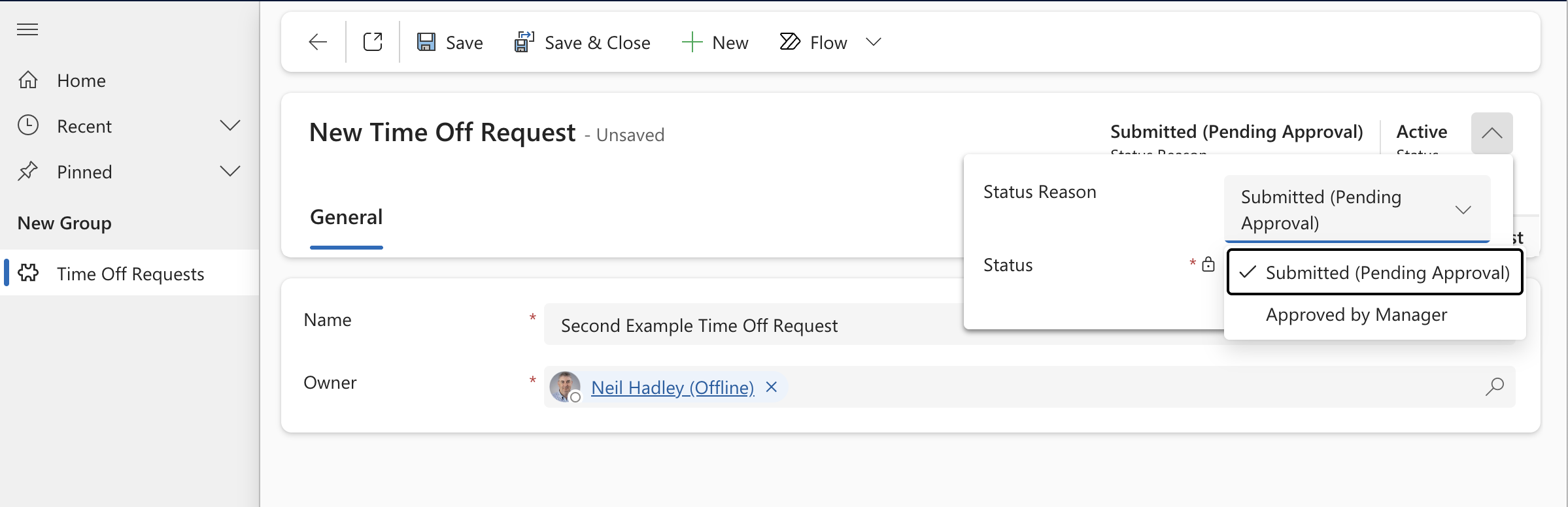 On the new unsaved record, the Status Reason dropdown showed only "Submitted (Pending Approval)" and "Approved by Manager" as starting options — "HR Review" wasn't reachable directly because no transition leads to it from the beginning.