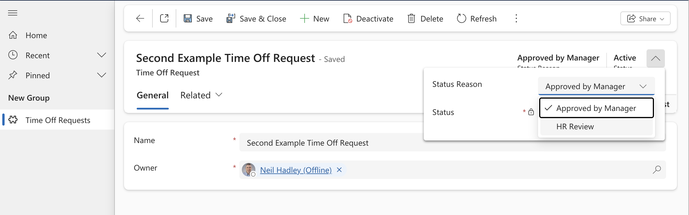 With Status Reason set to "Approved by Manager", the dropdown now offered only "Approved by Manager" and "HR Review" — transitions restricted the allowable next step.