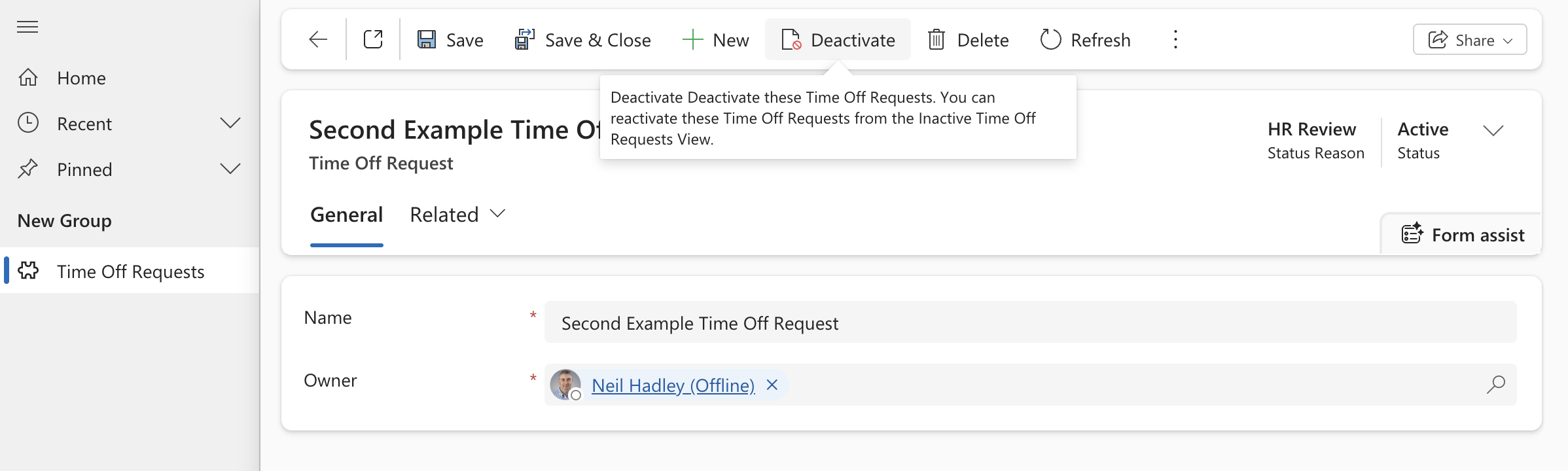 I hovered over the Deactivate button with the record in "HR Review" status.