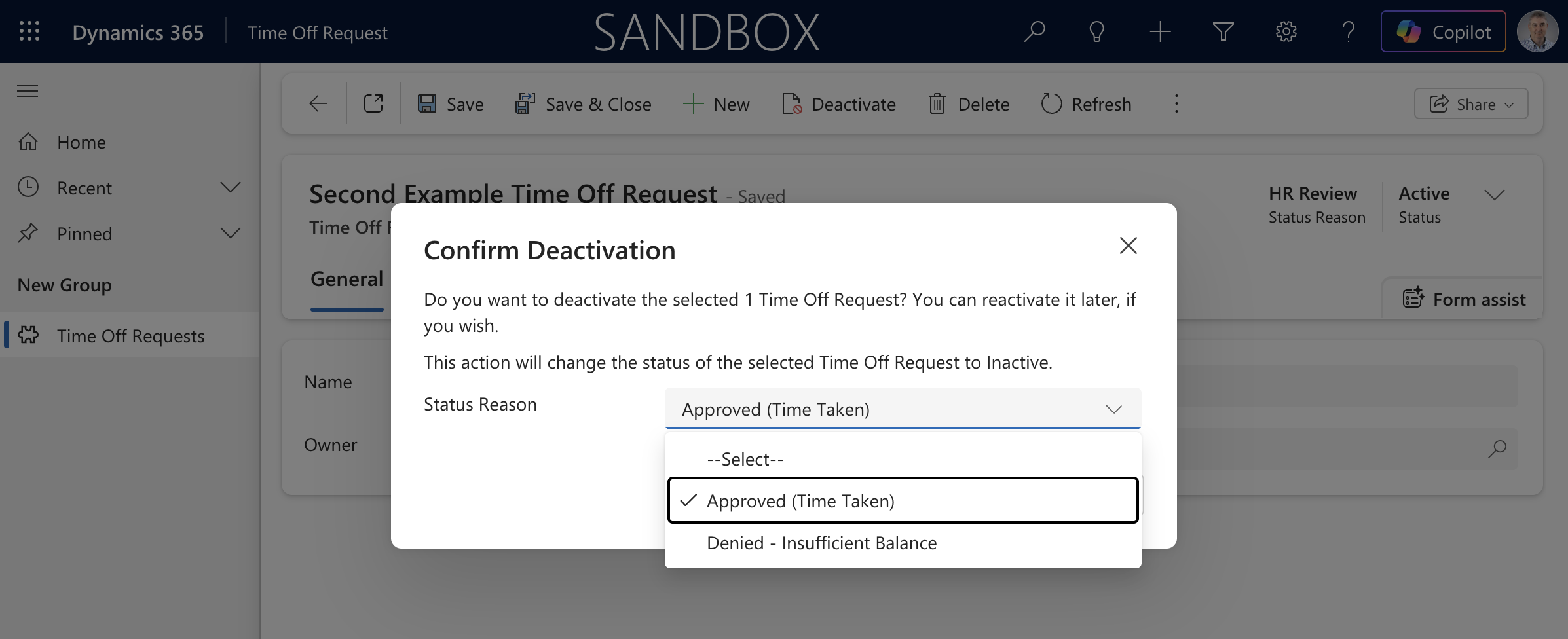 The Confirm Deactivation dialog showed only "Approved (Time Taken)" and "Denied - Insufficient Balance" — the only Inactive reasons reachable from "HR Review" according to the transitions I configured.
