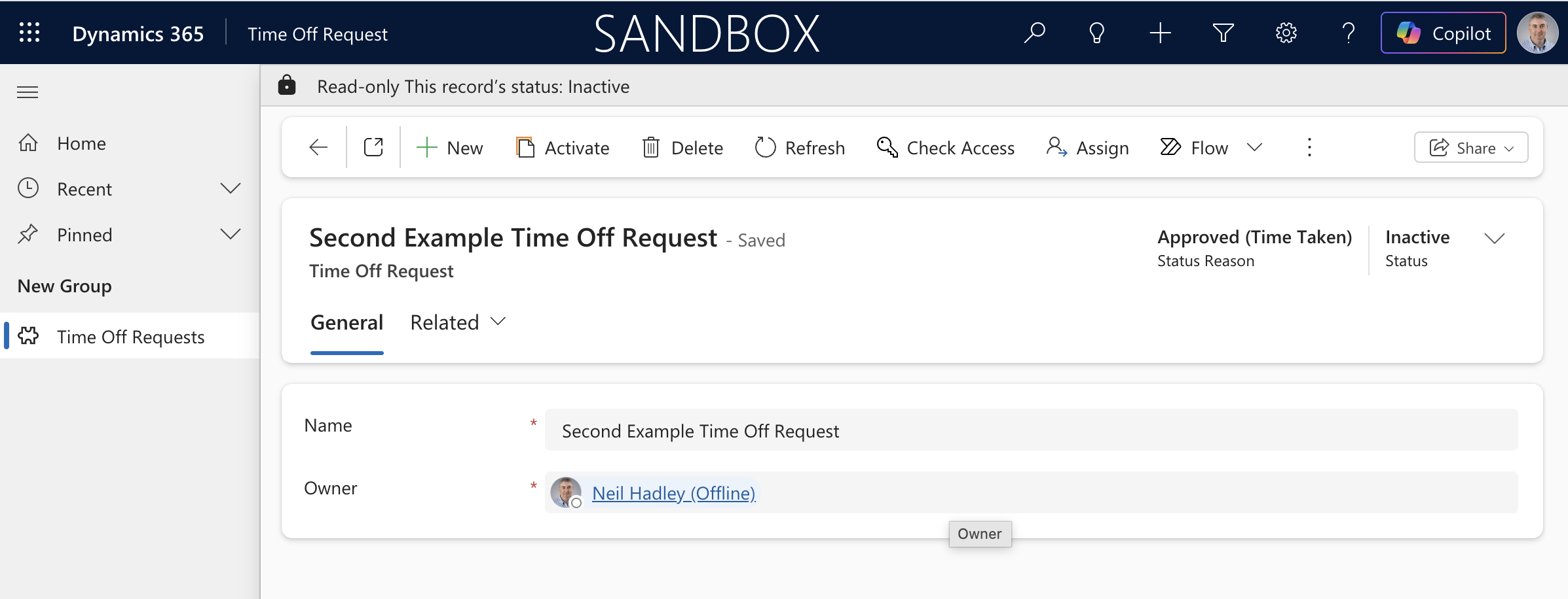 The final deactivated record showed "Approved (Time Taken)" / "Inactive" — the complete Status Reason Transitions workflow working end to end.