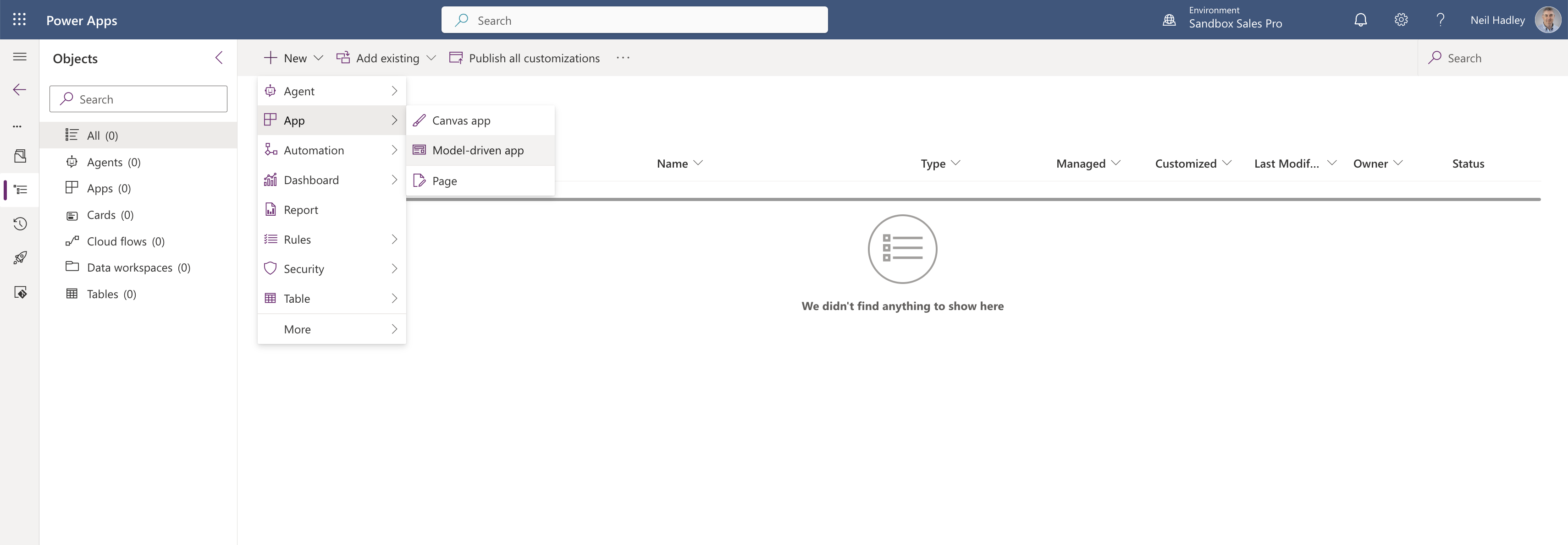 I selected Model-driven app from the New menu