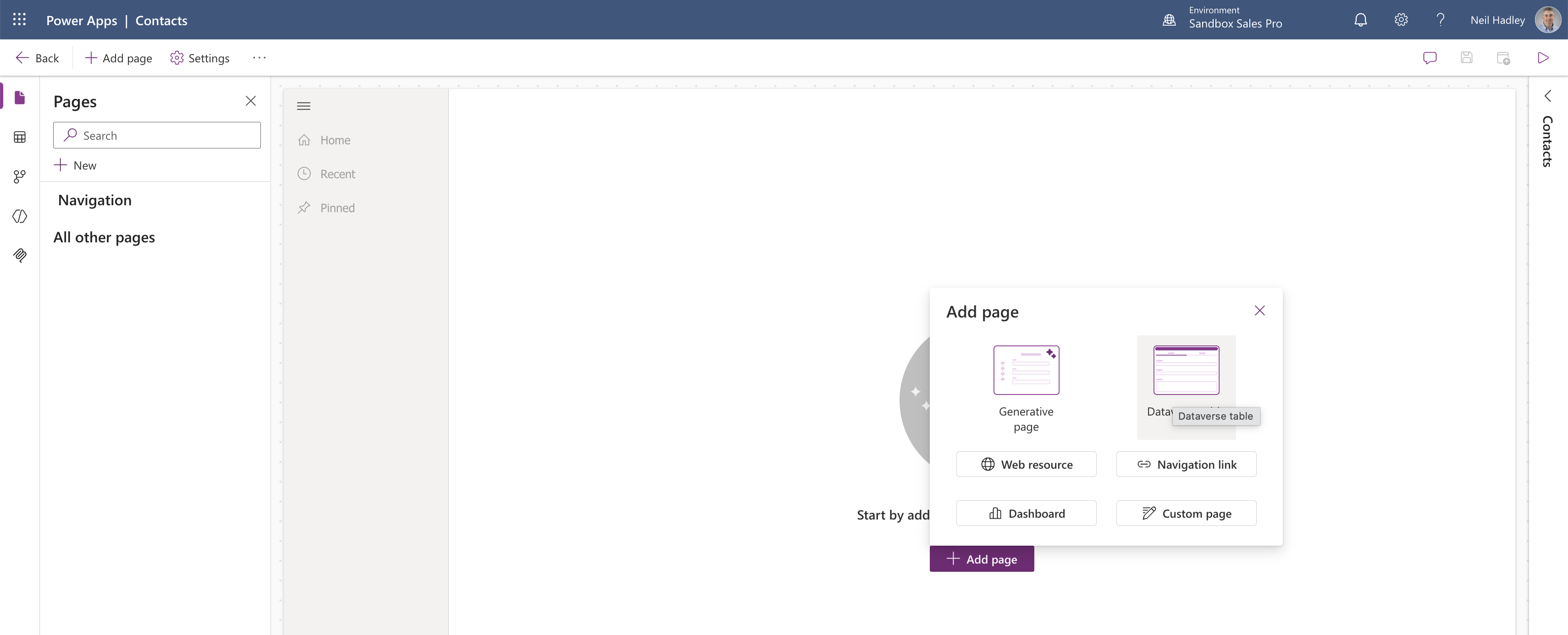 I chose Dataverse table from the Add page options