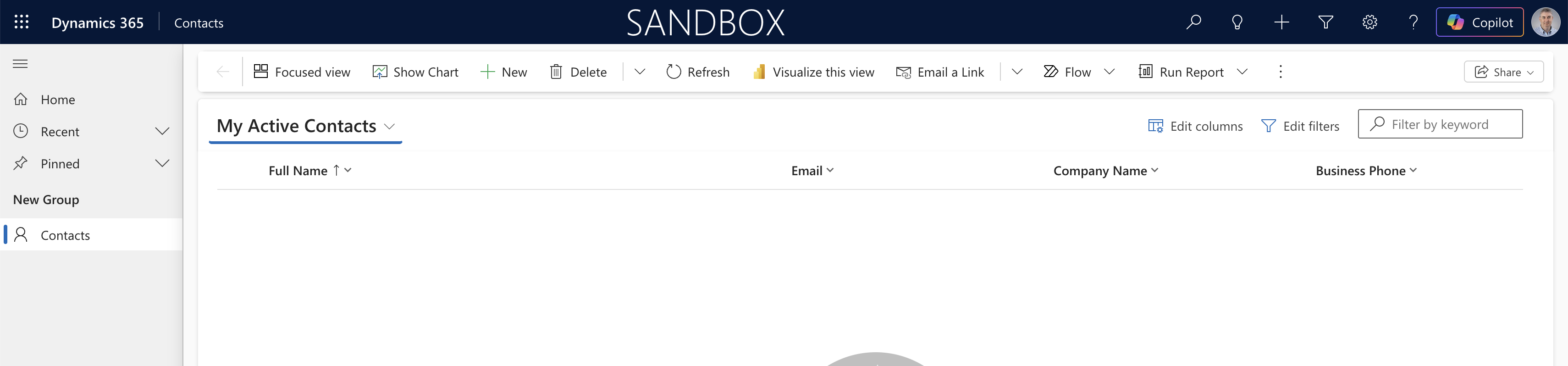 The published Contacts app showed an empty My Active Contacts view