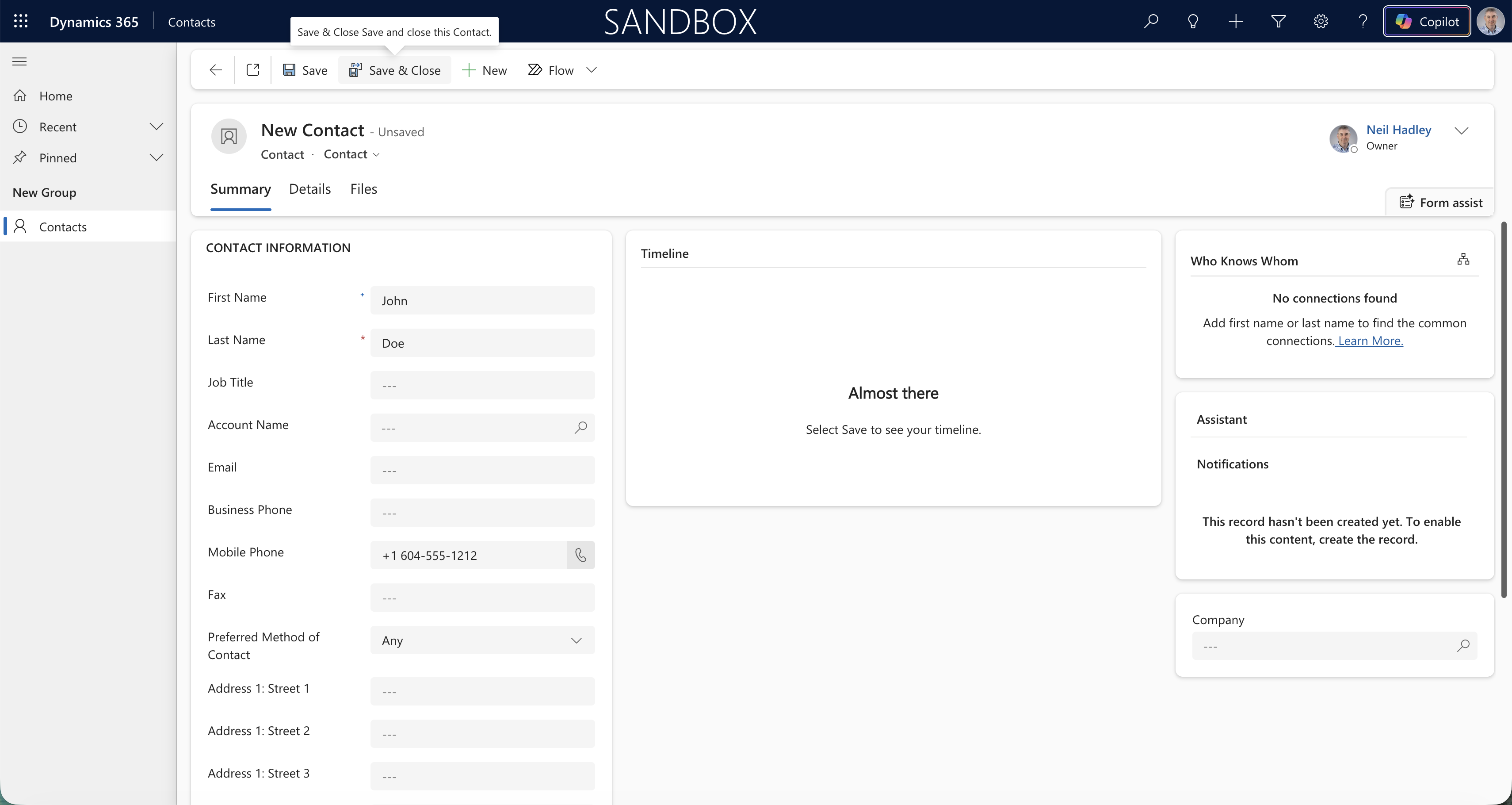 I filled in the New Contact form with John Doe's details