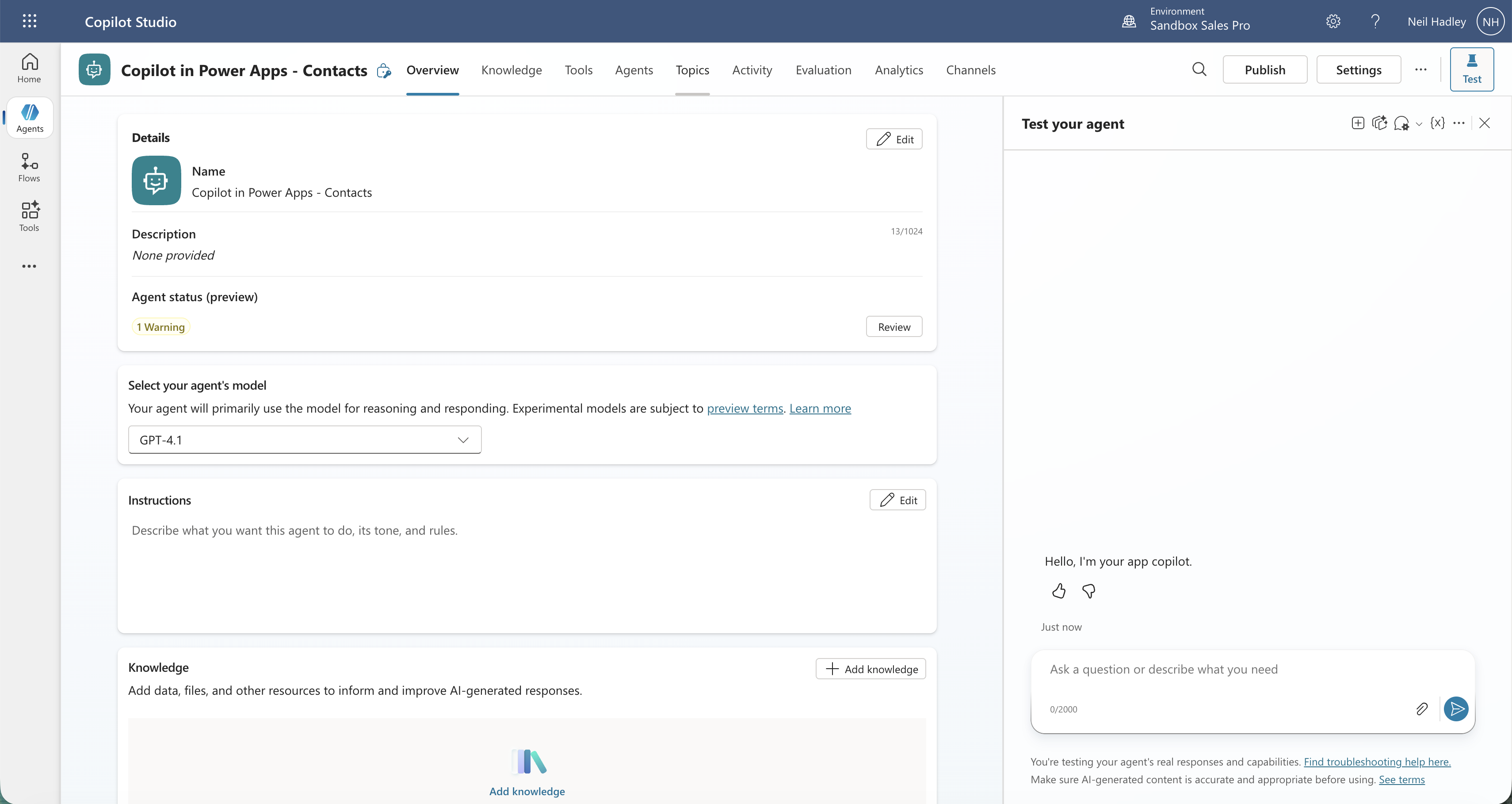 Copilot Studio showed the agent overview with a live test panel