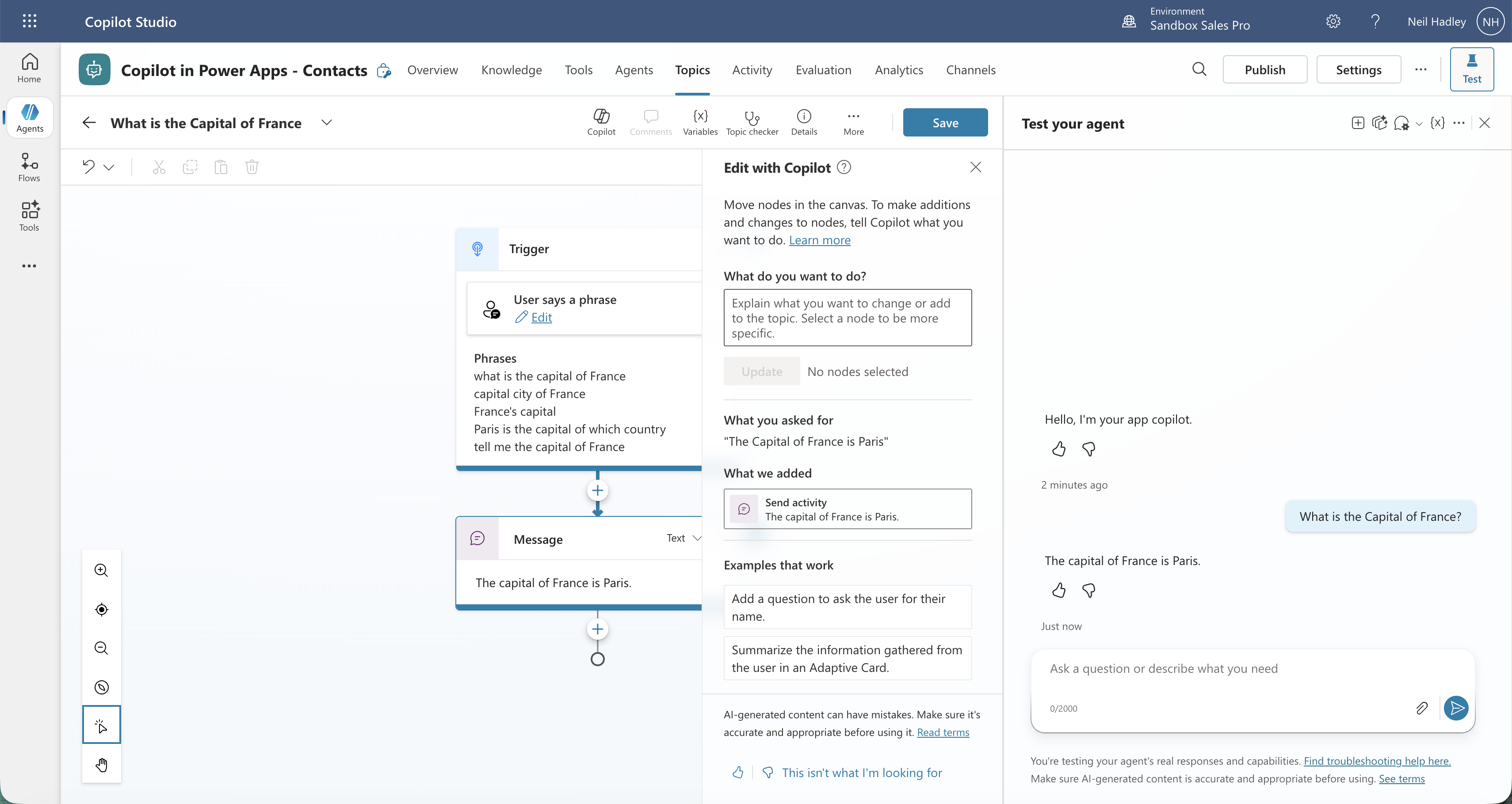 Copilot Studio built the topic canvas automatically