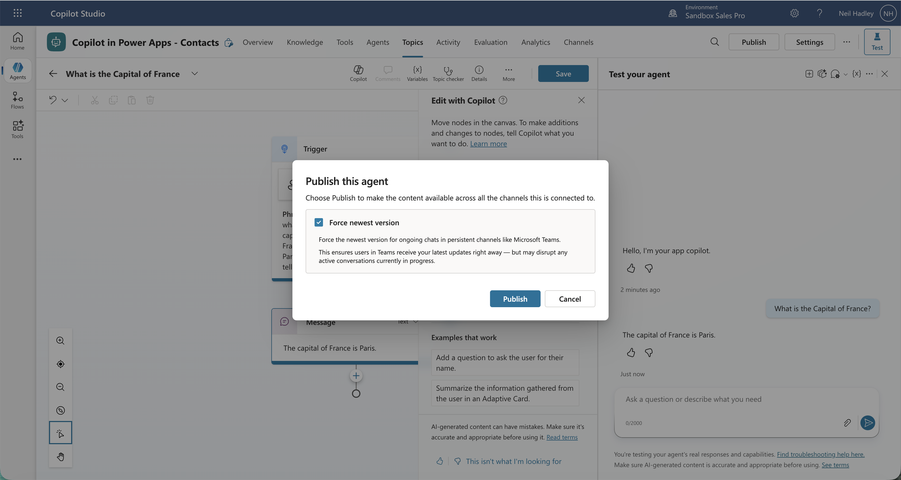 I clicked Publish to push the new topic to the agent