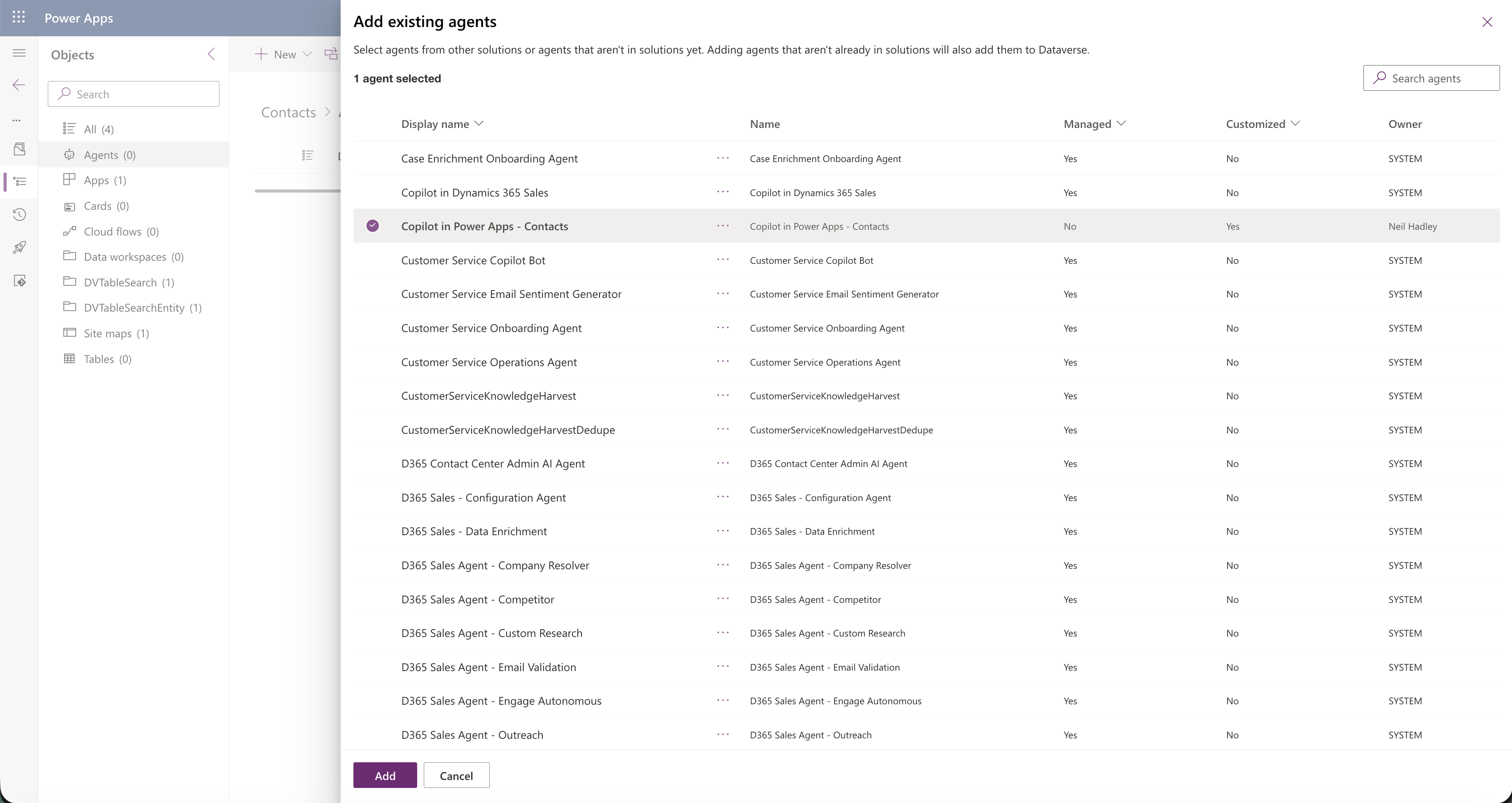 I selected the Copilot in Power Apps - Contacts agent to add to the solution