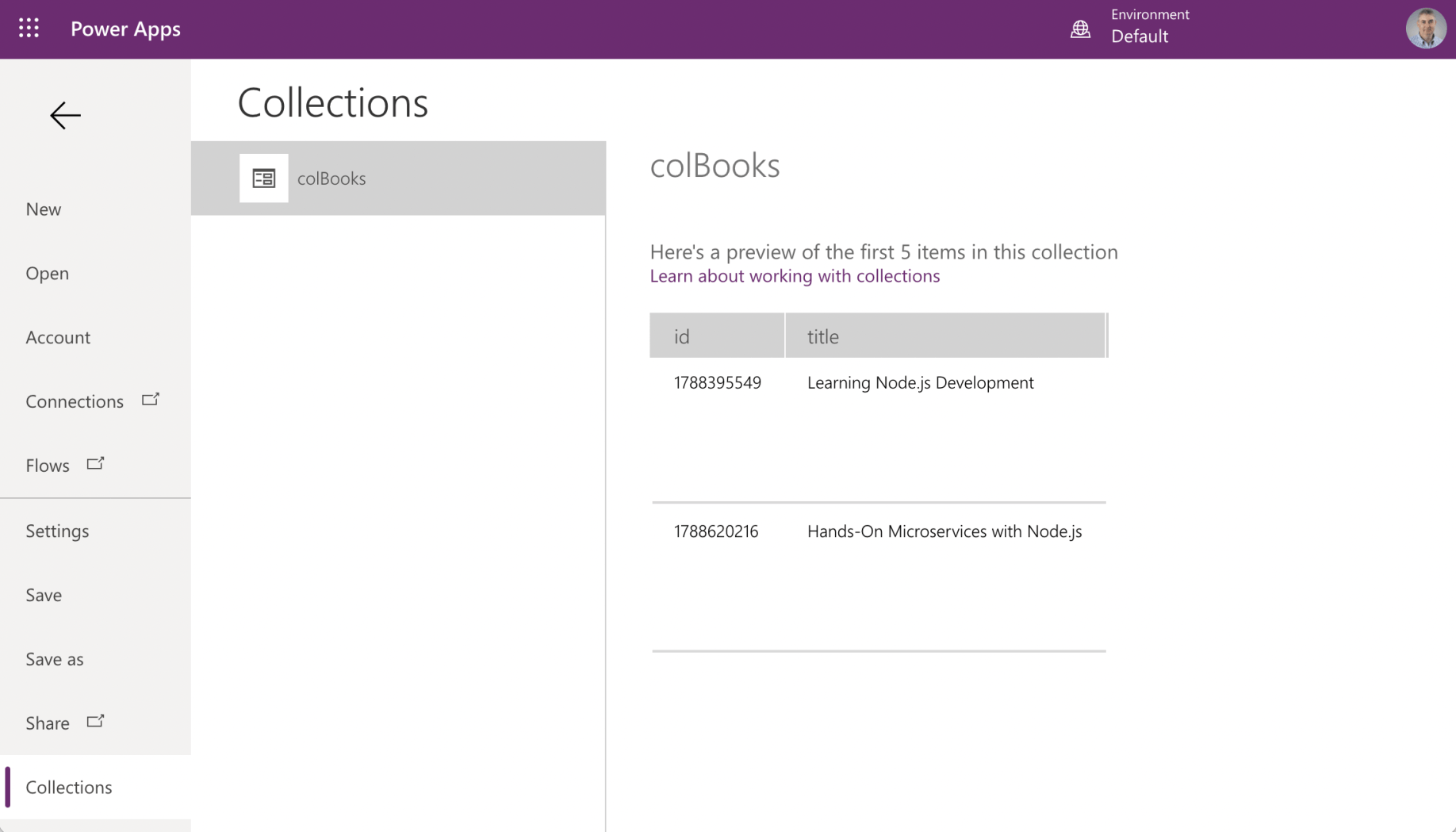 Select the Collections menu item to view the colBooks collection