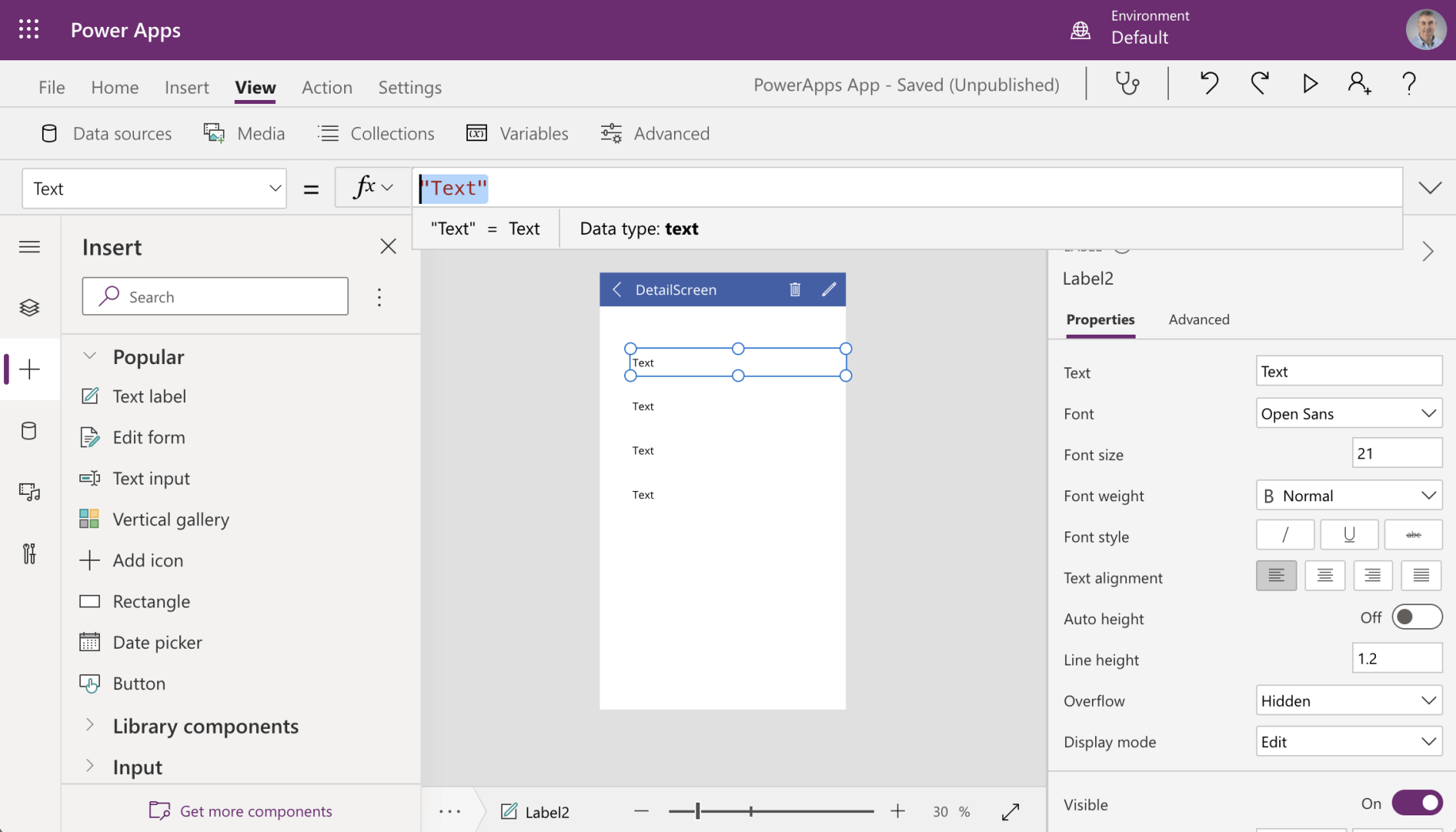 Add four Text labels to the DetailsScreen