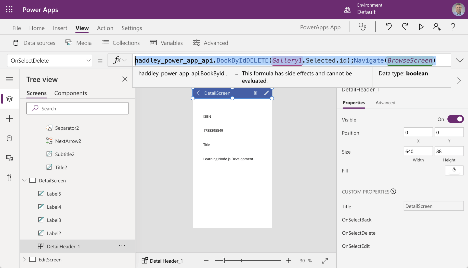 haddley_power_app_api.BookByIdDELETE(Gallery1.Selected.id);Navigate(BrowseScreen)