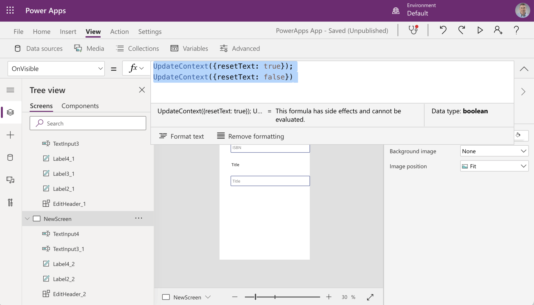 NewScreen | OnVisible = UpdateContext({resetText: true});UpdateContext({resetText: false})