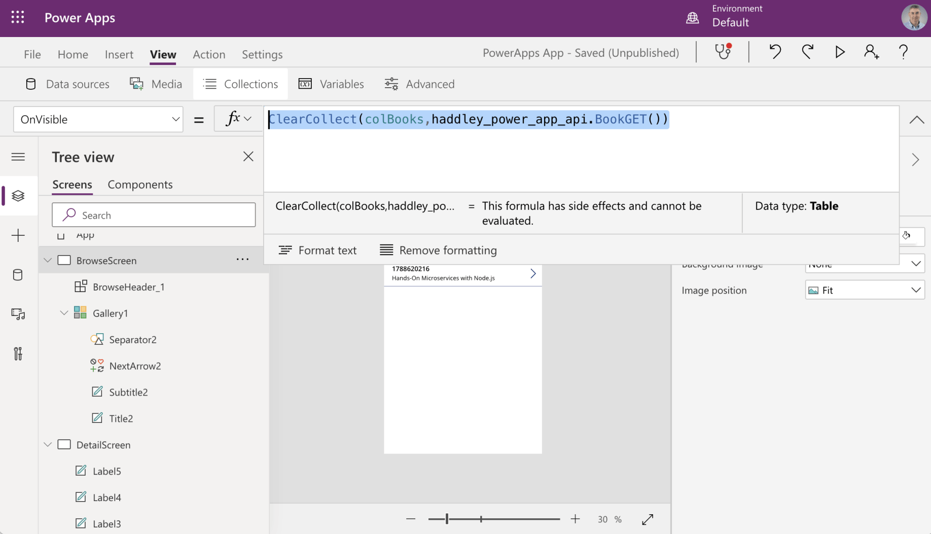 BrowseScreen | OnVisible = ClearCollect(colBooks,haddley_power_app_api.BookGET())