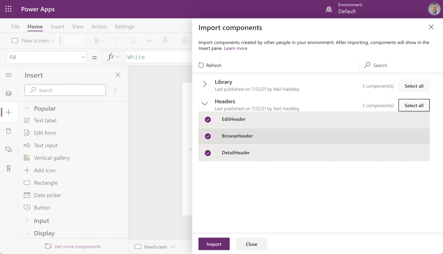 Import custom components from the Headers component library