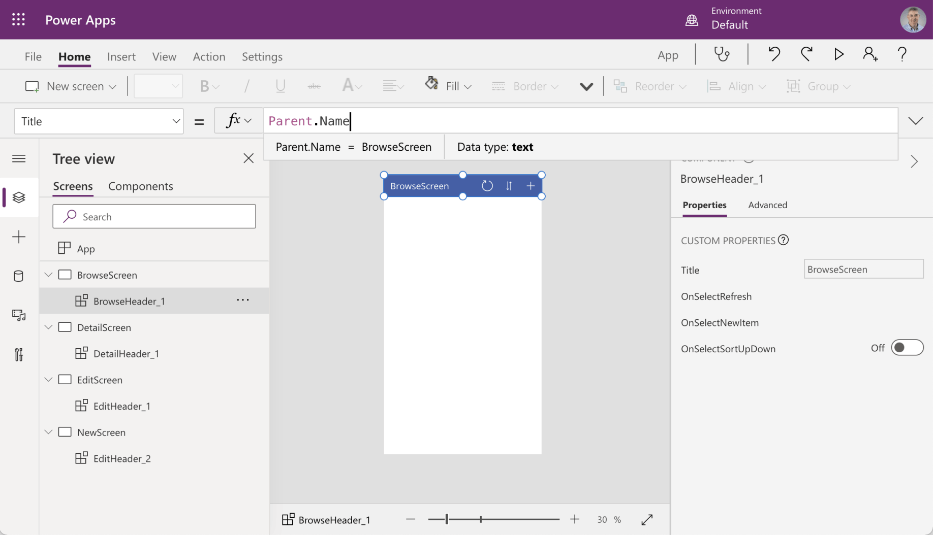 Set the "Title" property the Header component in each Screen to "Parent.Name"