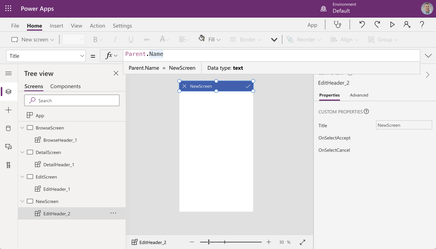 Every Header component is now displaying the name of the screen it is on.