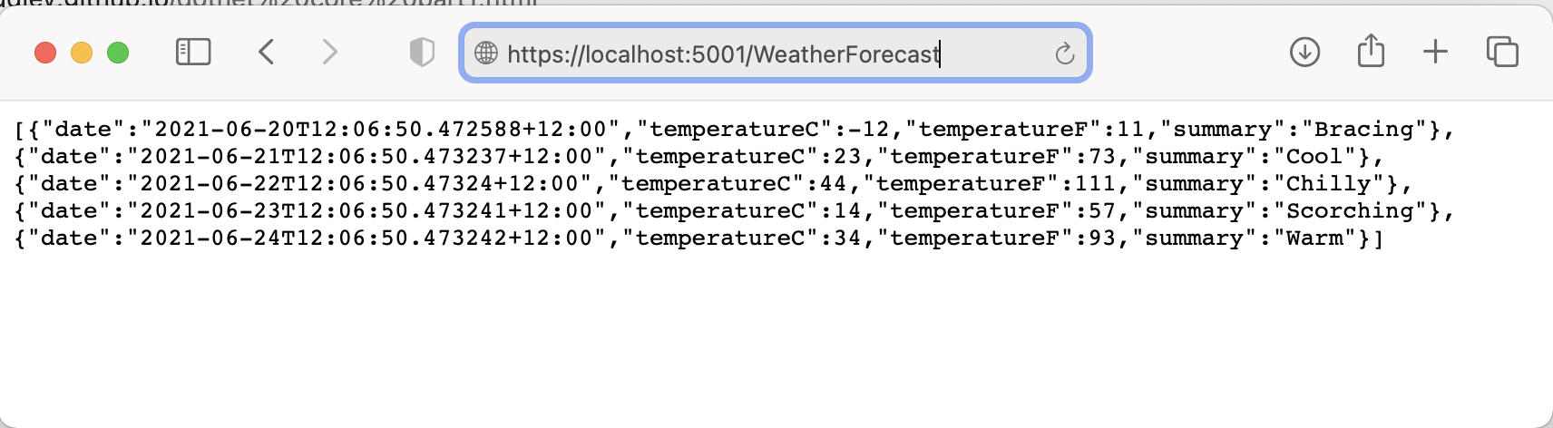 navigate to https://localhost:5001/WeatherForecast