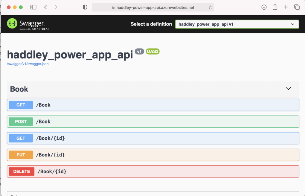 navigate to http://haddley-power-app-api.azurewebsites.net/swagger to see a list of the GET, POST, PUT and DELETE actions