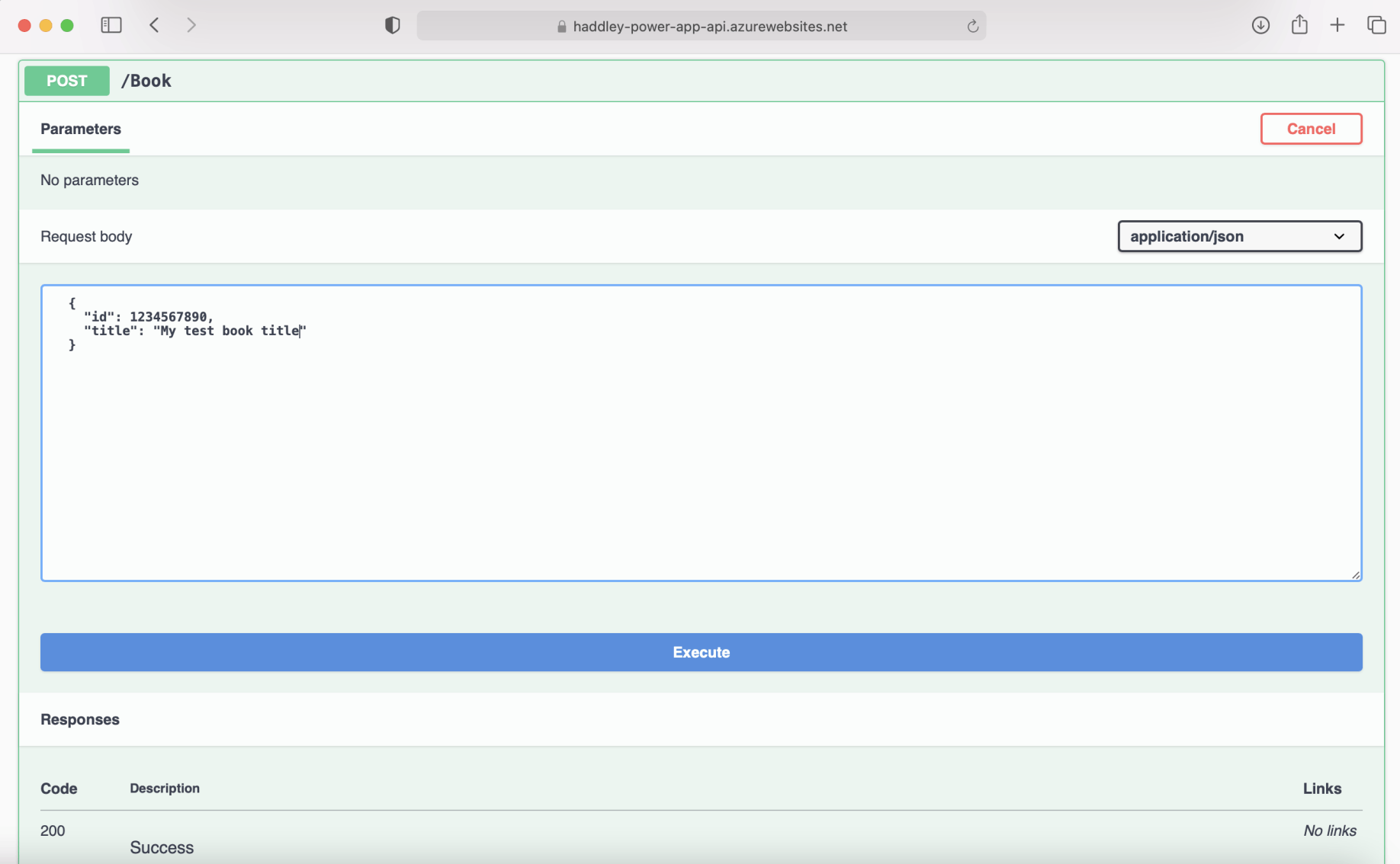 Execute the POST /Book action using the Request body