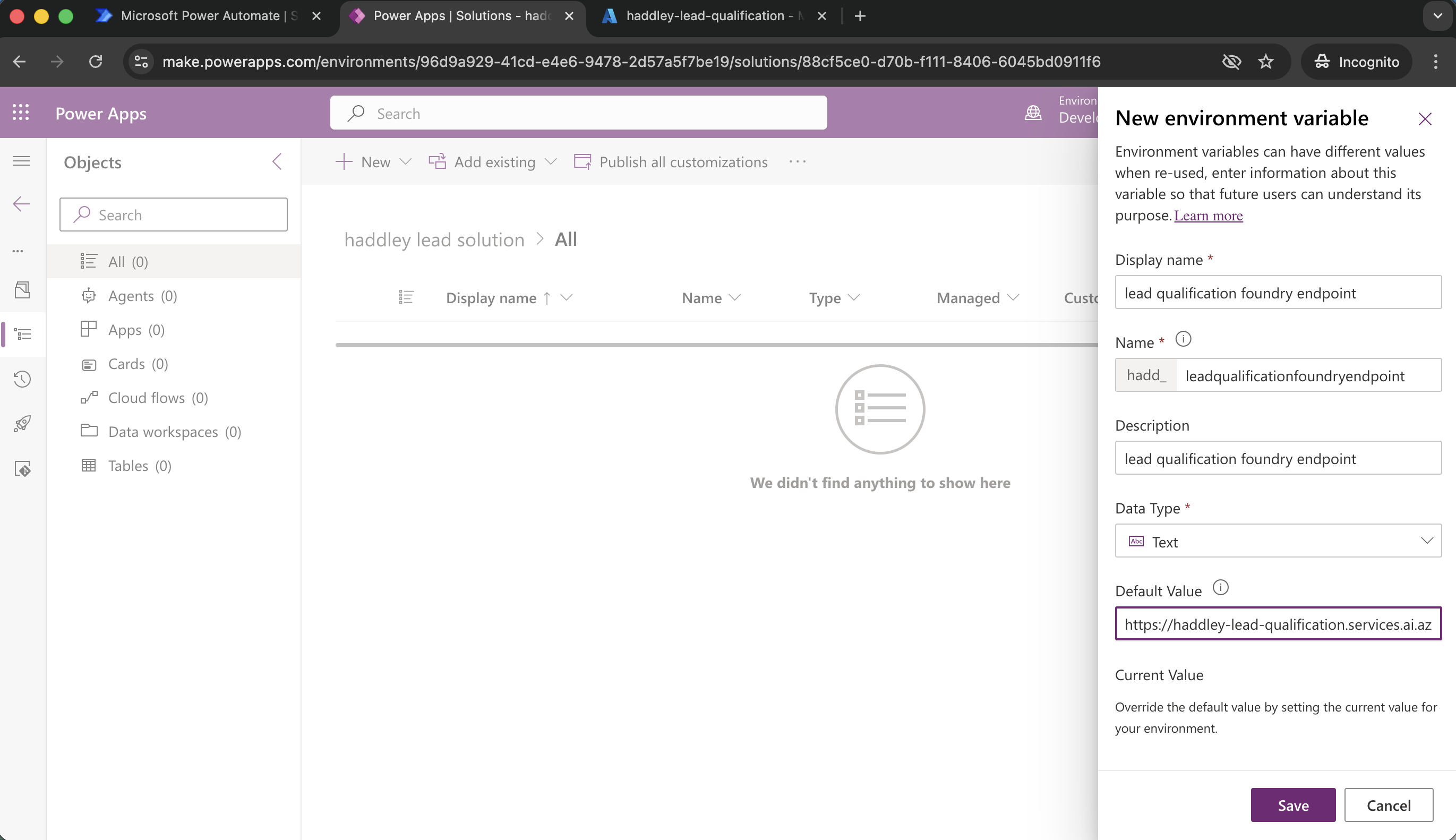 I created the lead qualification foundry endpoint environment variable