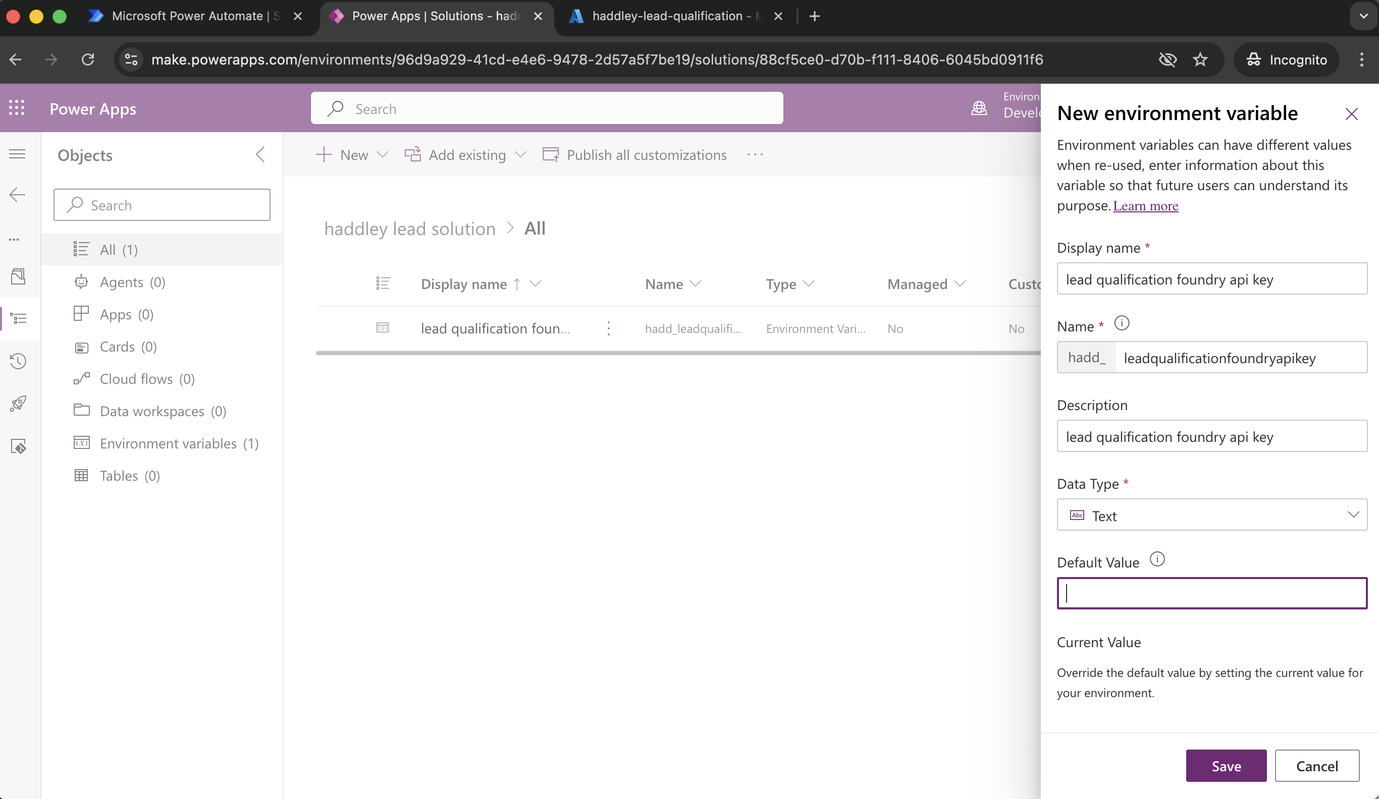 I created the lead qualification foundry api key environment variable