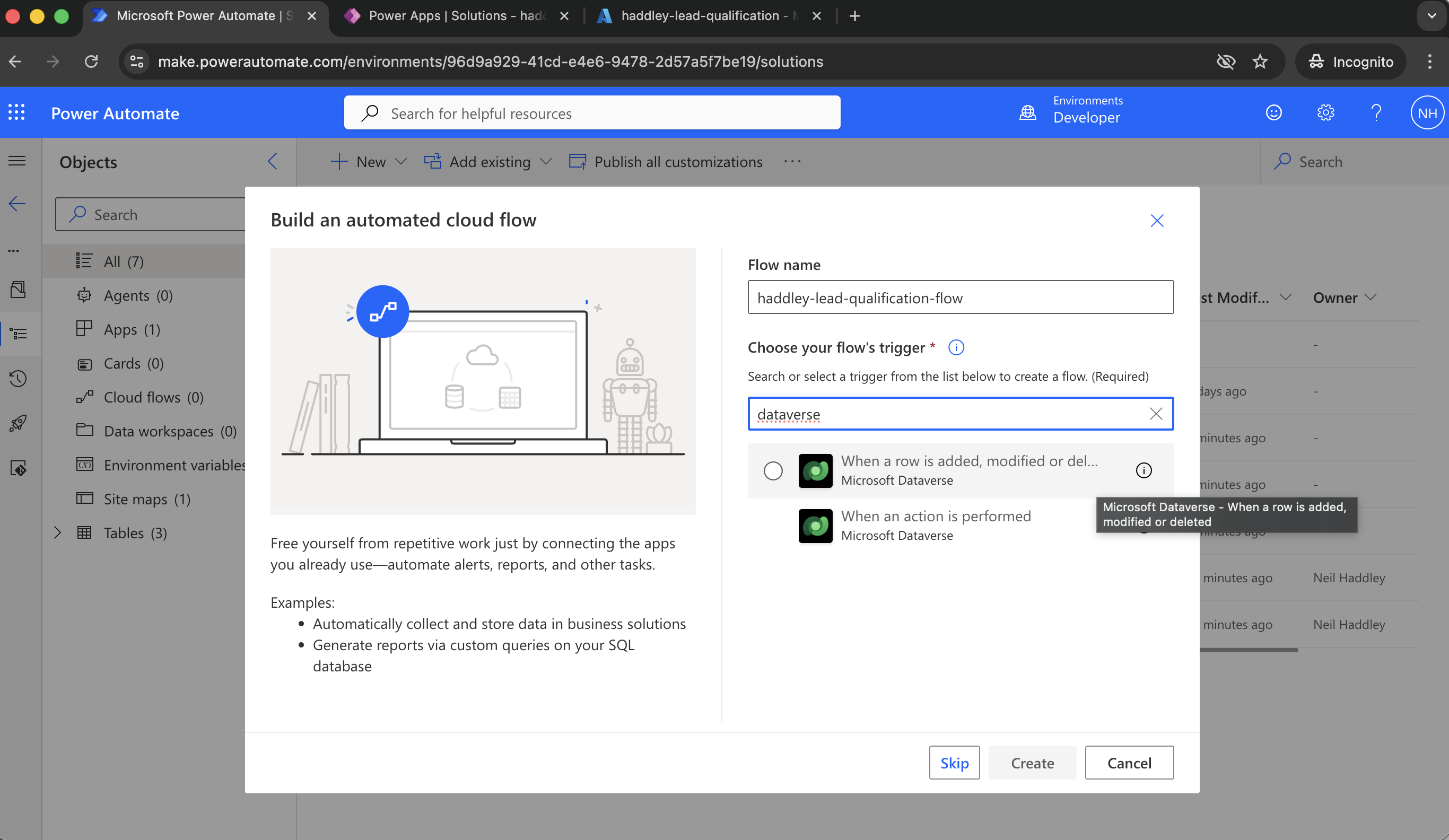 The flow is triggered when a Dataverse row is added, updated, or deleted
