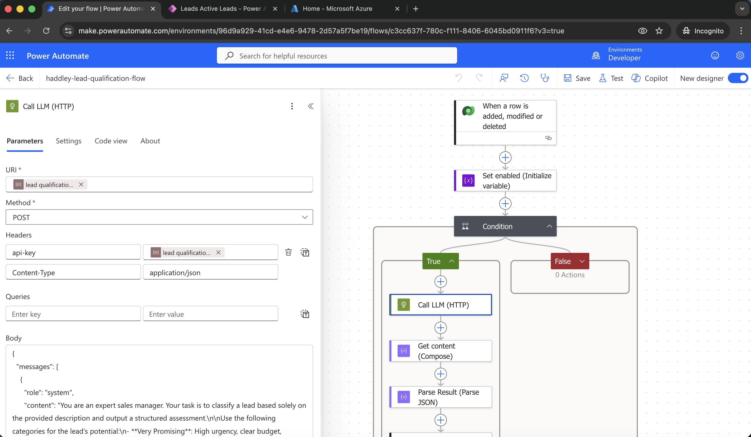 I called the AI model. I used the environment variables to set the URL and API-Key values