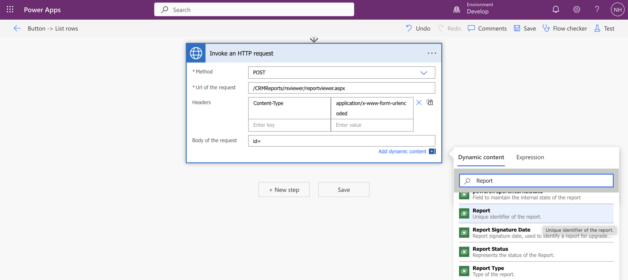 A connection was created and I entered the HTTP reuqest details/CRMReports/rsviewer/reportviewer.aspxContent-Type: application/x-www-form-urlencodedid={report id}