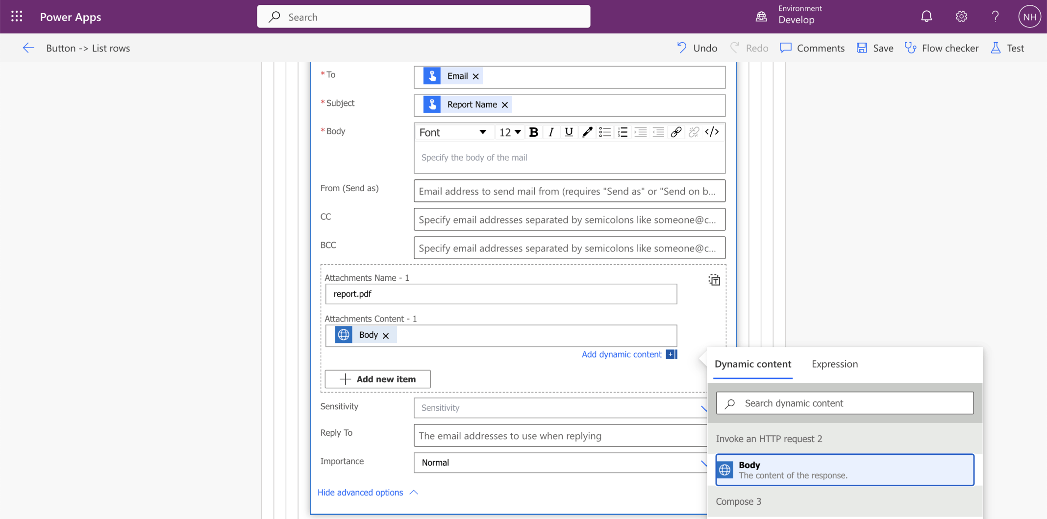 I set the body of the email, the body of the email attachment, the email to and the email subject.