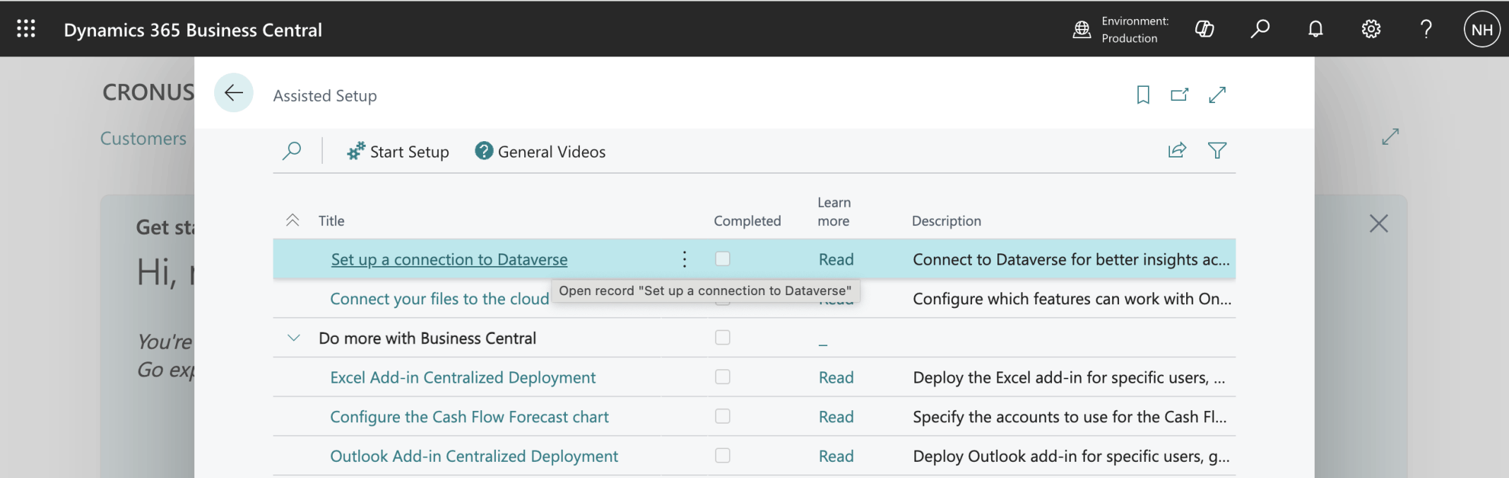 I selected the Set up a connection to Dataverse link