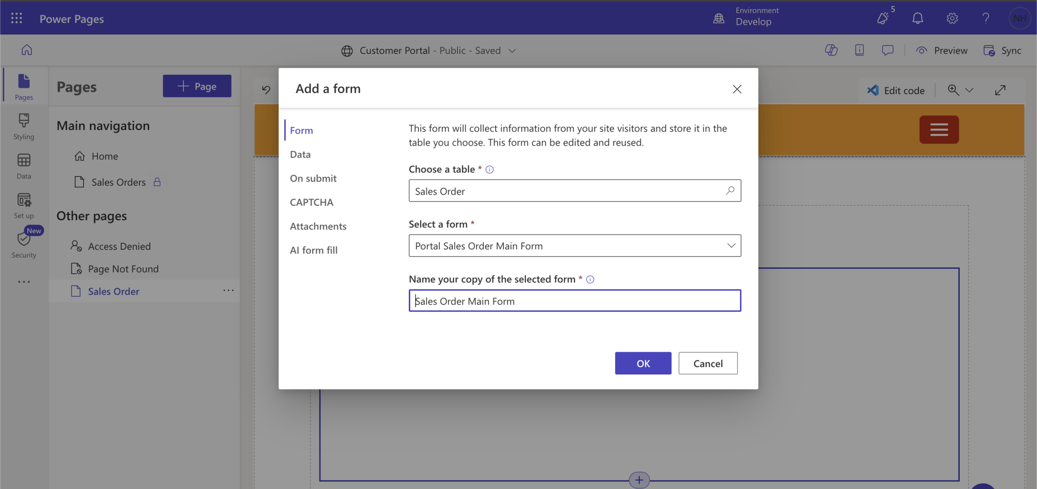 I added a text component and a form to the web site. I selected the Portal Sales Order Main Form