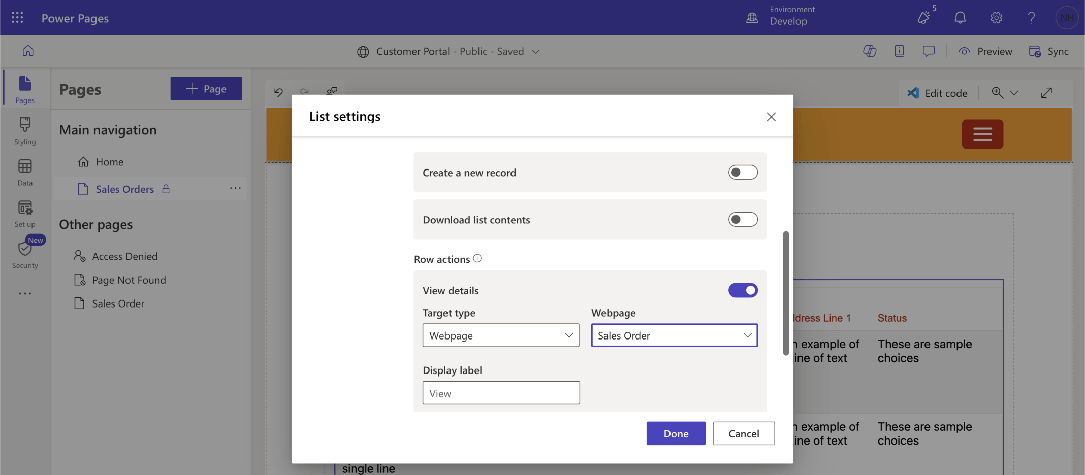 I updated the List. I added a View details action that will navigate the user to the Sales Order page