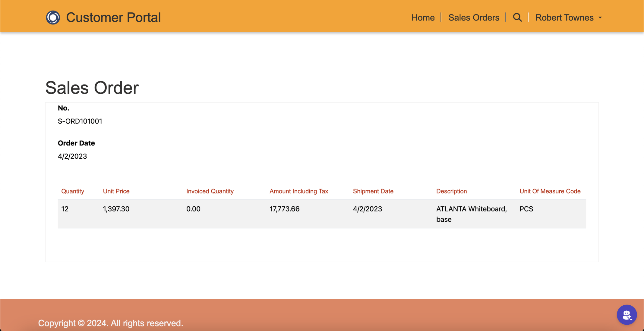 Logged in as Robert I was able to review Sales Order Lines associated with the selected Sales Order