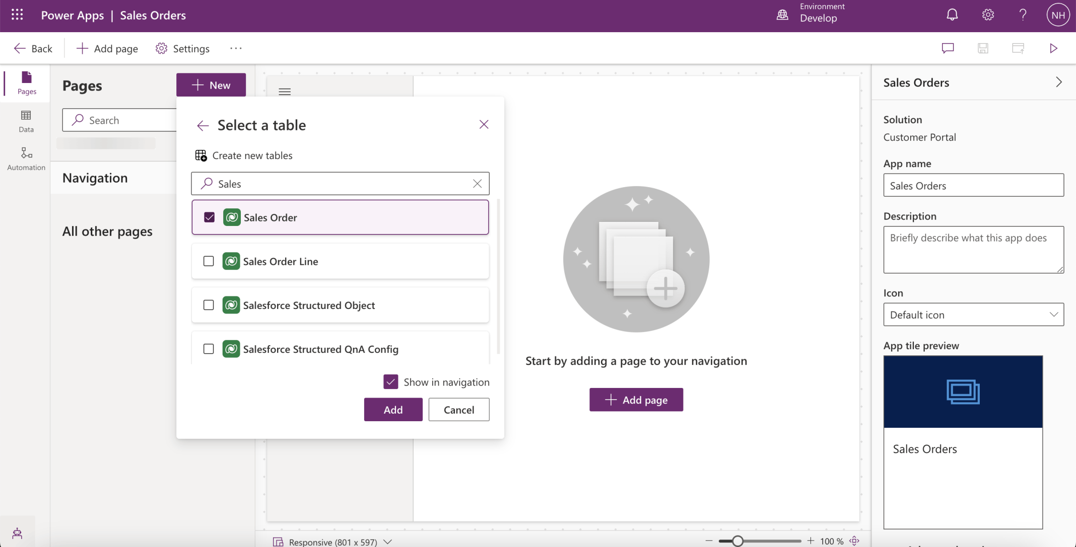 I added the Sales Order table to the Sales Orders application