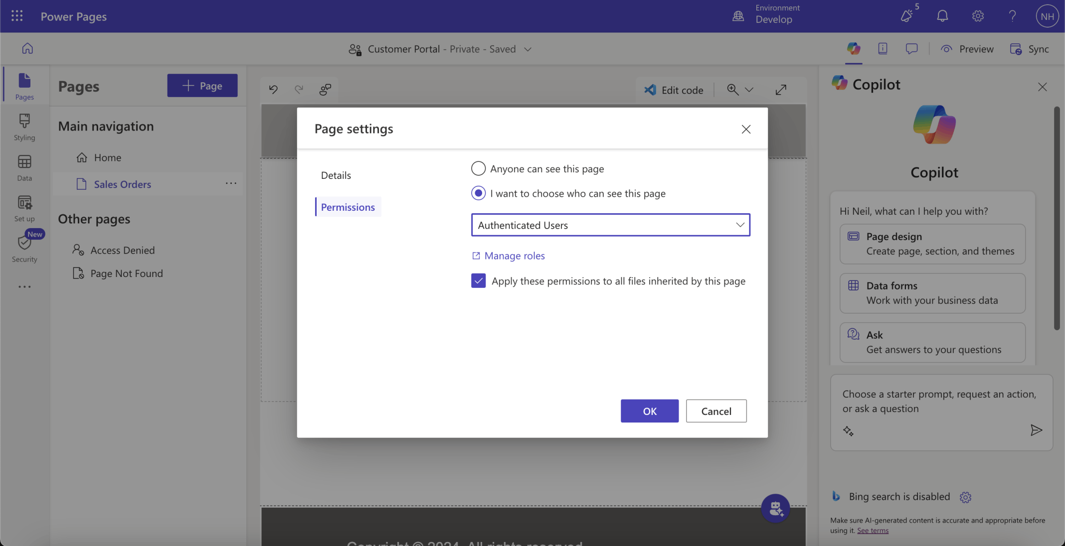 The Sales Orders page will only be shown when an authenticated user is logged in
