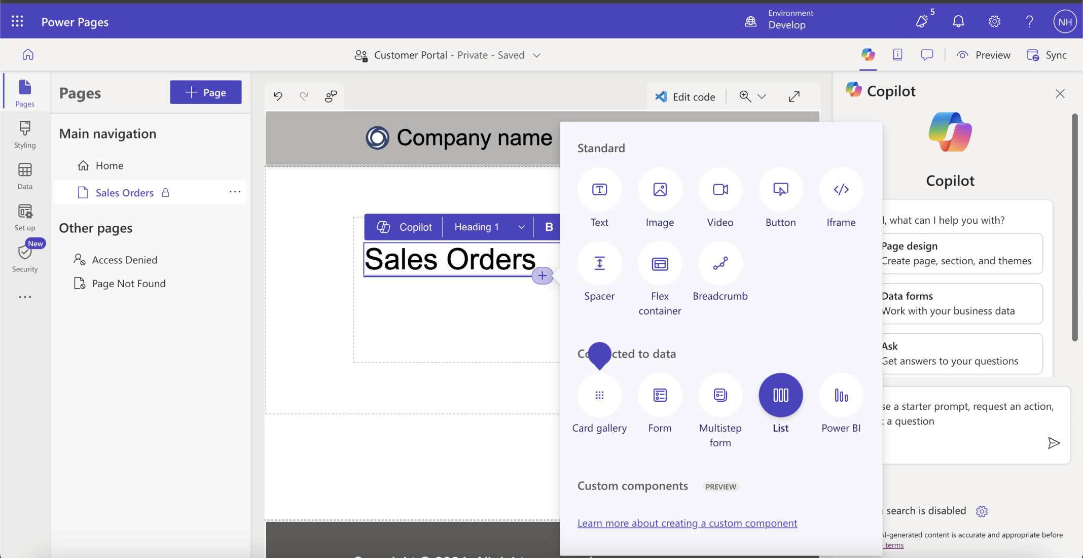 I added an h1 Text component. I added a List component