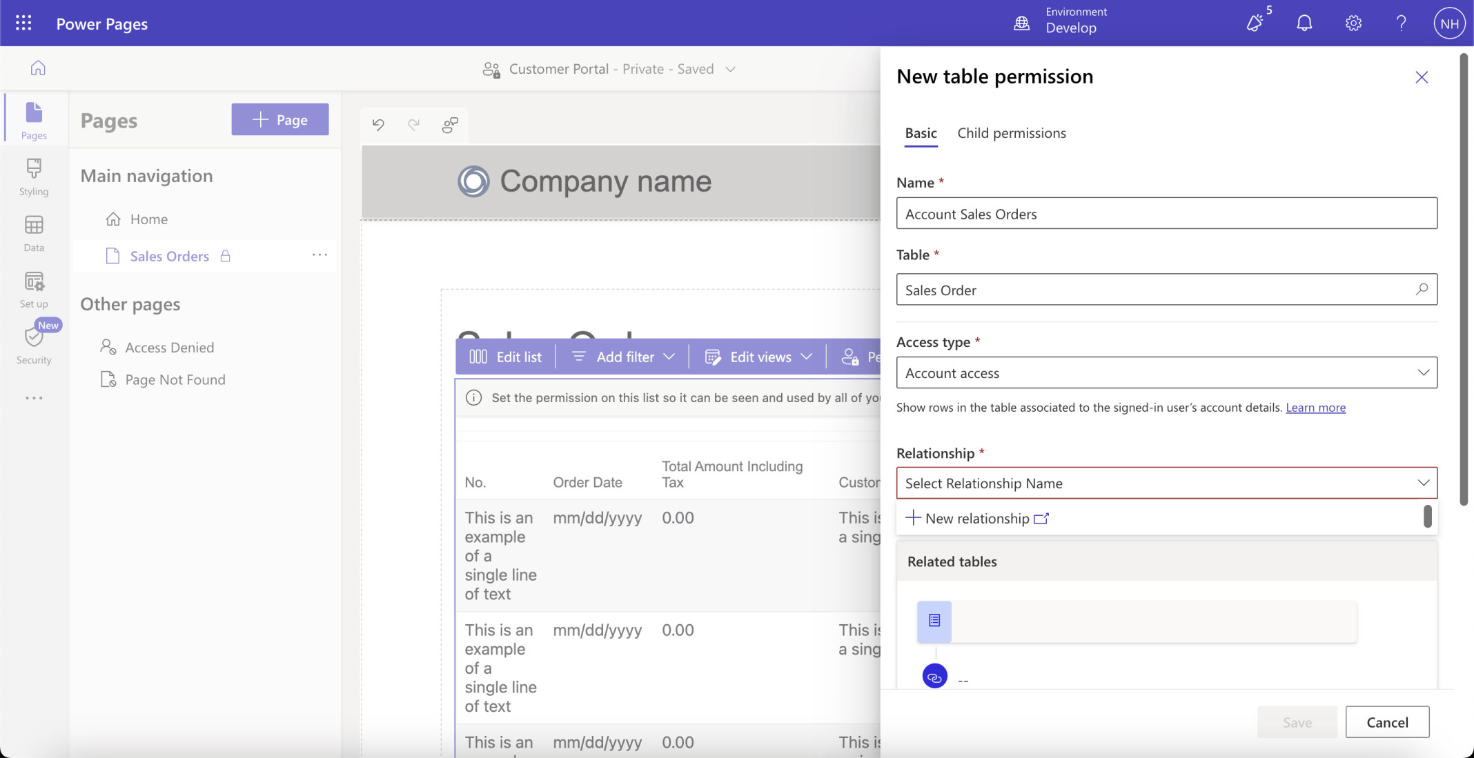 I added a table permission. The permission will allow users to see Sales Order rows that are associated with their company (Account).