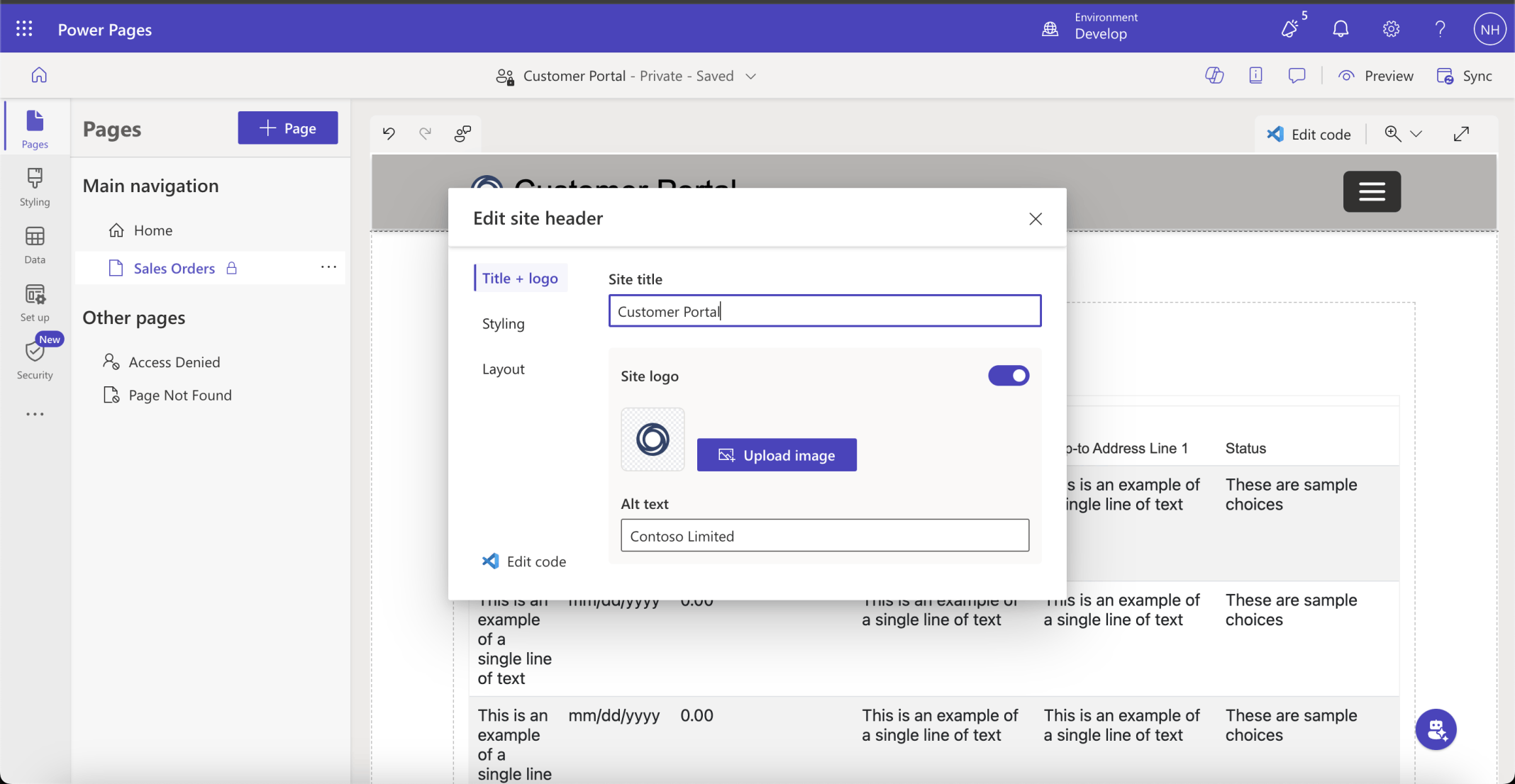 I set the site title to Customer Portal
